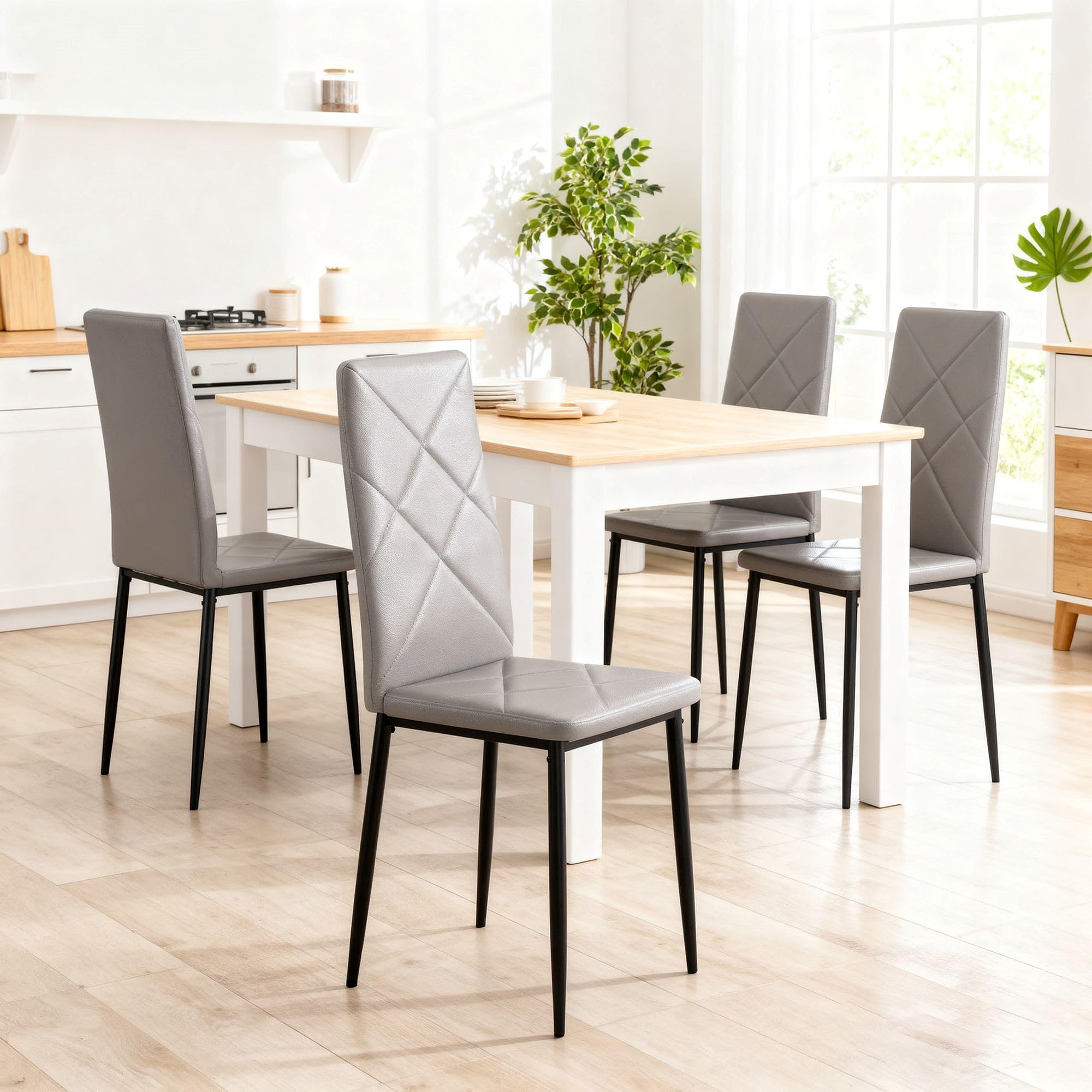 HOMCOM Pack de 4 Sillas de Comedor, Sillas de Cocina Modernas, Tapizadas de Cuero Sintética, Respaldo Alto, Asiento Acolchado, Patas de Acero, Gris