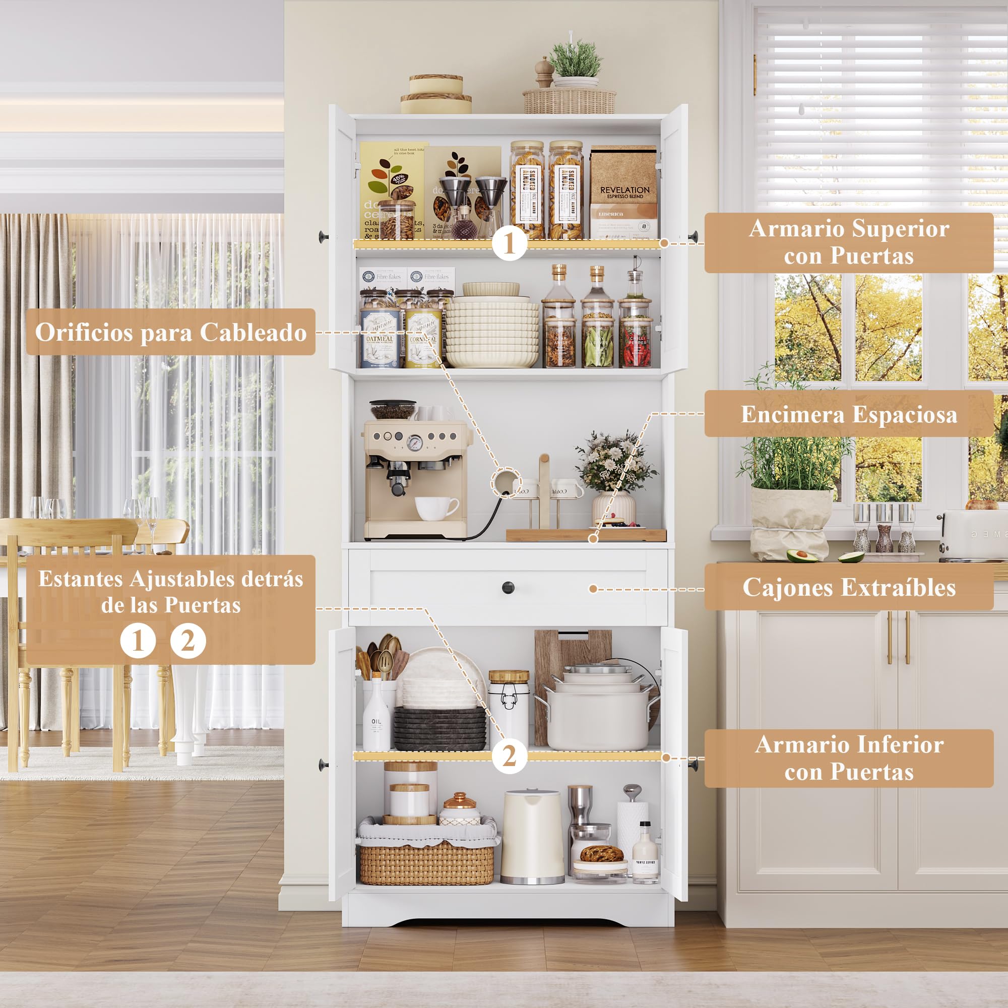 FOREHILL Alacena de Cocina 180cm Aparador Comedor Mueble Auxiliar de Cocina Armario Almacenaje Armario Despensa Cocina, 4 Puertas, 1 Cajón, Estantes Ajustables, para Comedor, Baño (Blanco) 40x75x180cm