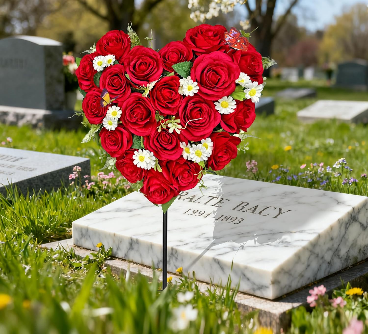 Artificial Cemetery Flowers, Grave Memorial Flowers with Ground Spike,Heart Shaped Wreaths Rose Daisy for Gravesites Decoration（Red）