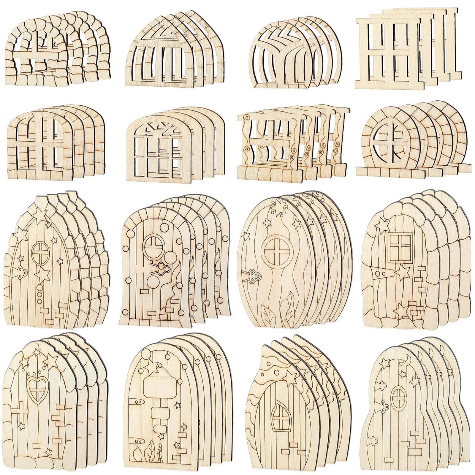 64 PCS Wooden Fairy Door, Fairy Doors for Garden Mini Elf Door Unpainted Doors for Fairy Parties Birthday Wedding Decoration DIY Fairy Garden Accessories