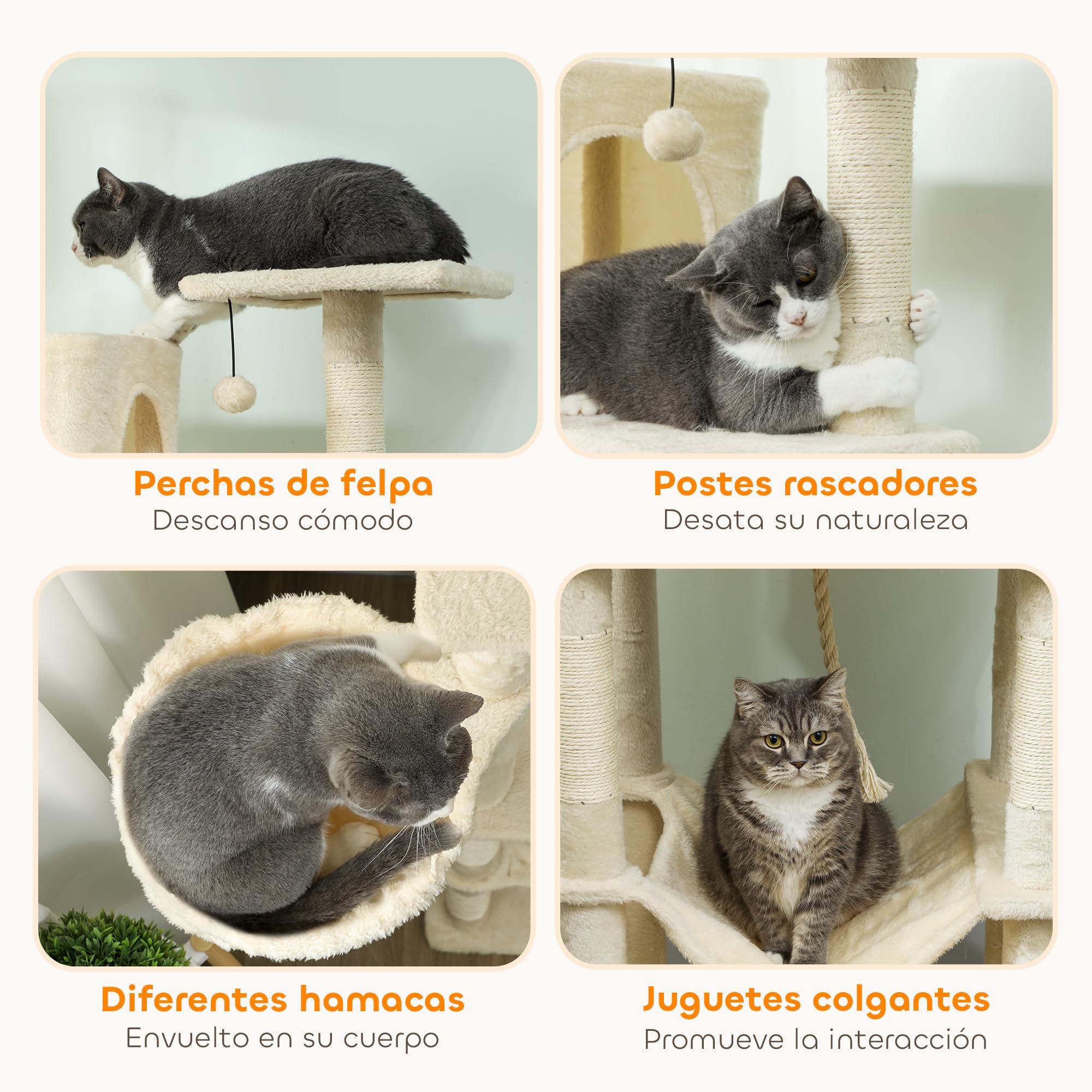 PawHut Árbol Rascador para Gatos 202 cm con 2 Cuevas Beige | Árbol para Gatos, Torre Escalador, 2 Hamacas, 6 Postes de Sisal, 3 Bolas, Cuerda para Jugar