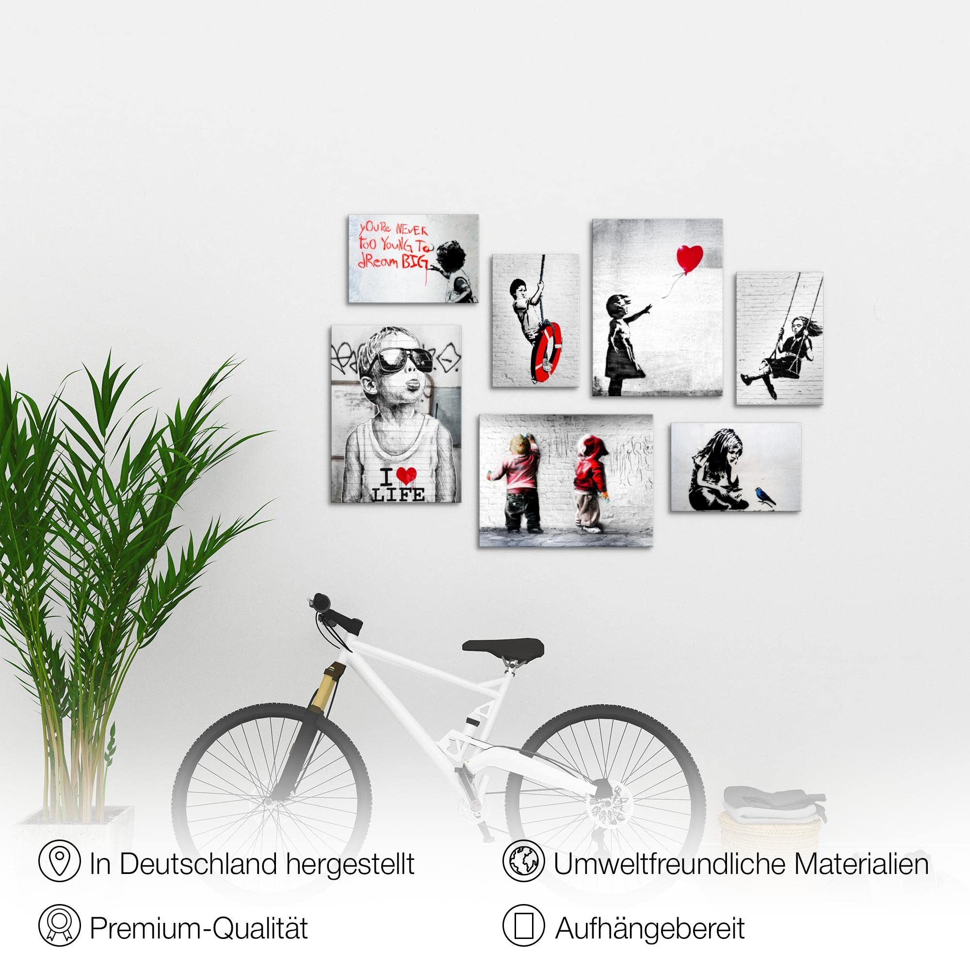 Novart Wandbilder Banksy Collage - KOMPLETT AUFHÄNGFERTIG - Street Art Wohnzimmer Büro- 7 Moderne Mood-Bilder - N003171a