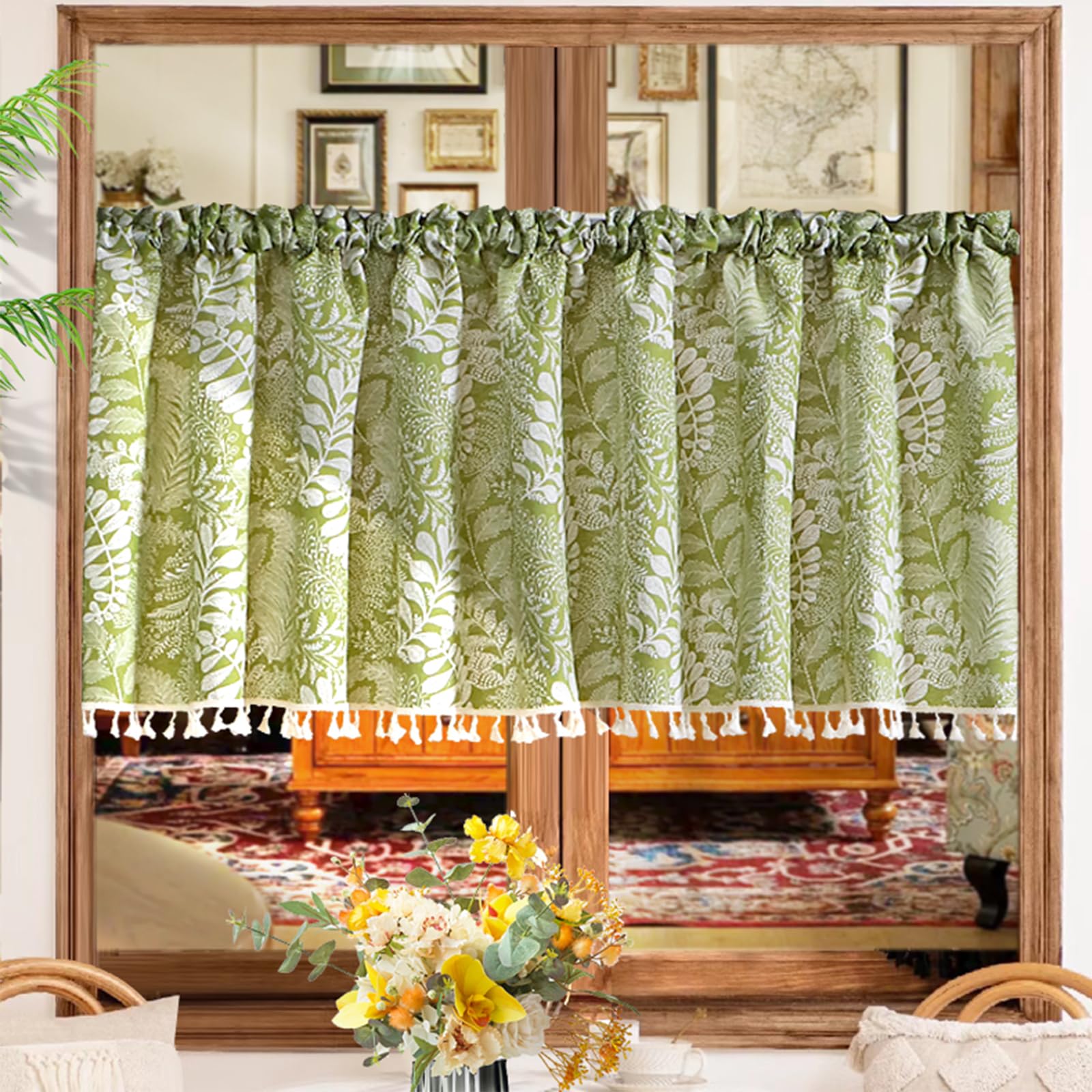 Scheibengardinen Modern, Gardinen Kurz Vorhang, Wohnzimmer Küche Grün Bistrogardine Scheibengardine Küchengardinen Kurz Gardine Vorhänge für Küche Bistrogardine und Wohnzimmer (B300*H65CM)