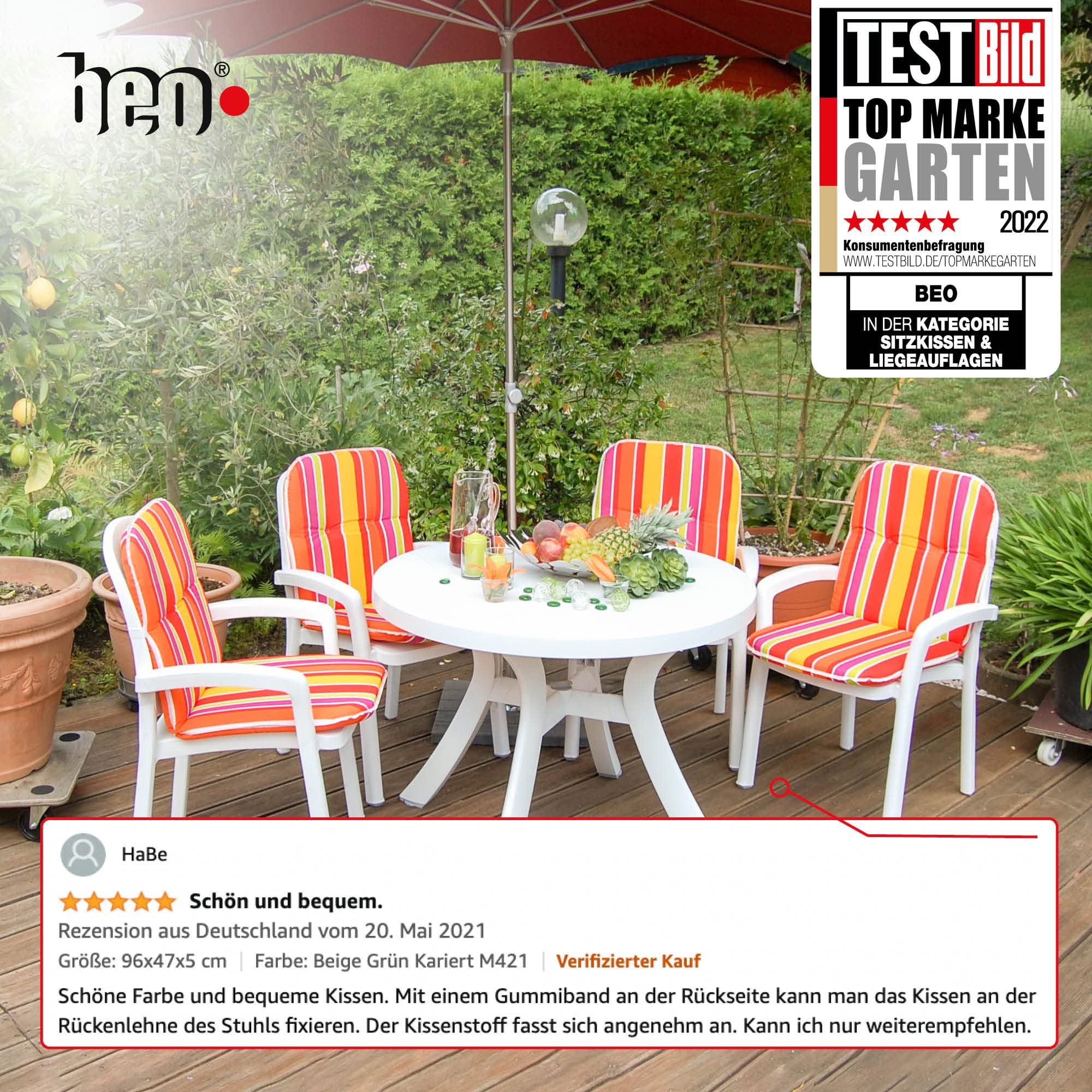 Beo Cuscino per sedia da giardino con schienale basso, lavabile, prodotto in UE secondo lo standard Öko-Tex | resistente ai raggi UV e traspirante | serie Bali | Cuscino per sedie da giardino in beige