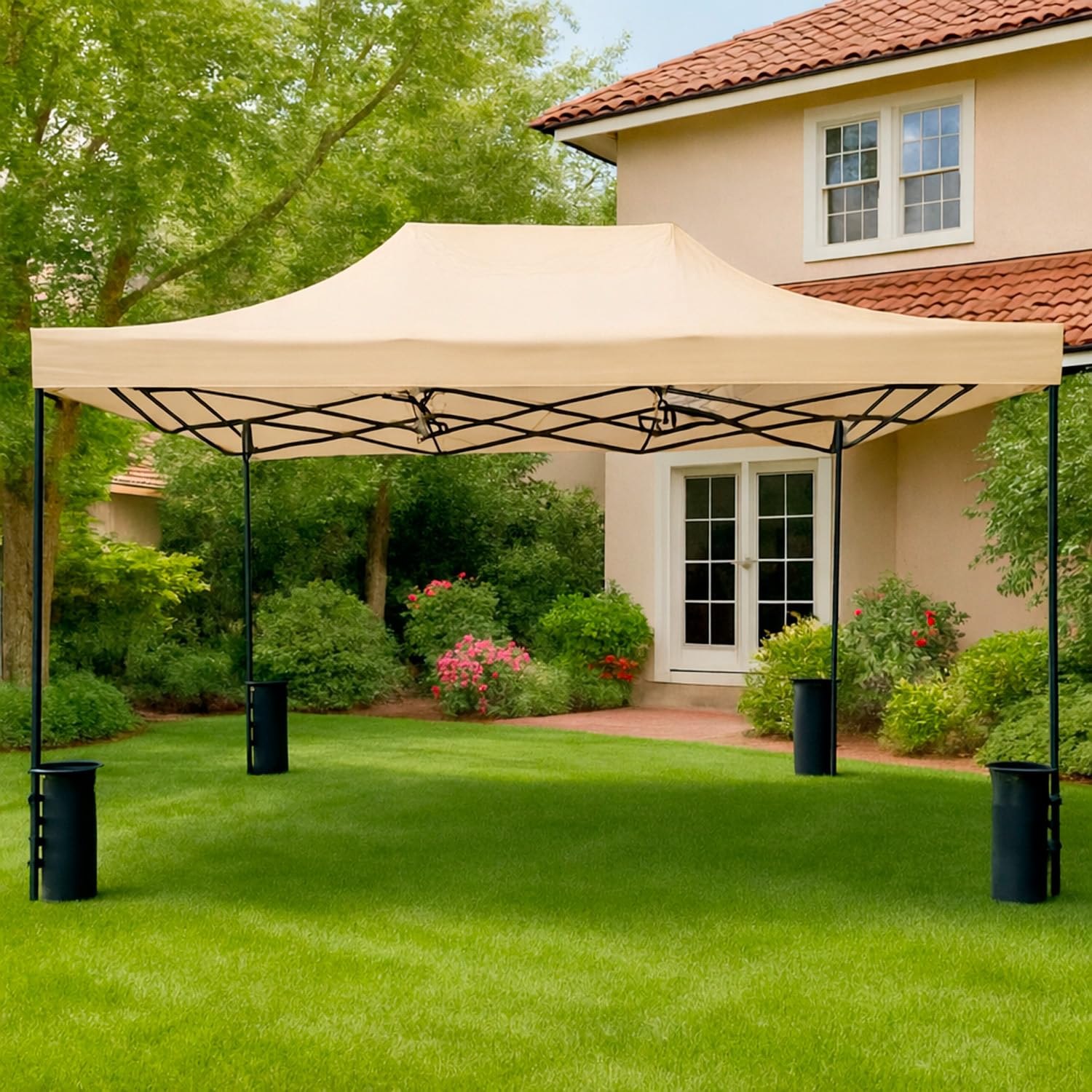 Gazebo Professionale 3x4.5 M Richiudibile Automatico In Acciaio Con Telo Oxford 1200D PVC Impermeabile e Anti UV Struttura a Fisarmonica con Sacche Zavorra e Borsa Trasporto Sagre Feste (Beige)