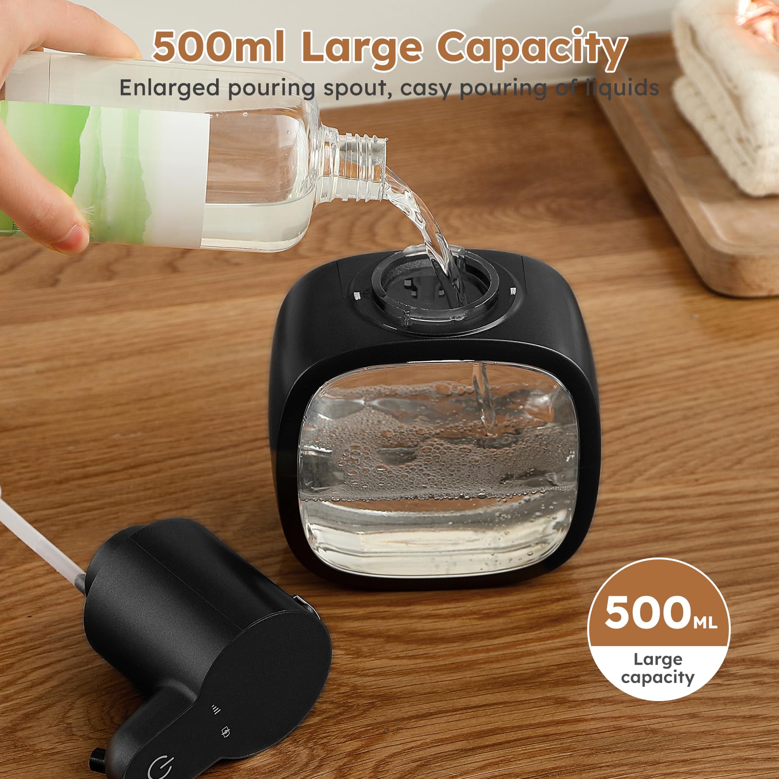 Automatischer Seifenspender Mit Sensor – 500 Ml, 4 Dosierstufen, IPX5 Wasserdicht, Wandmontage Oder Stehend, Schwarz