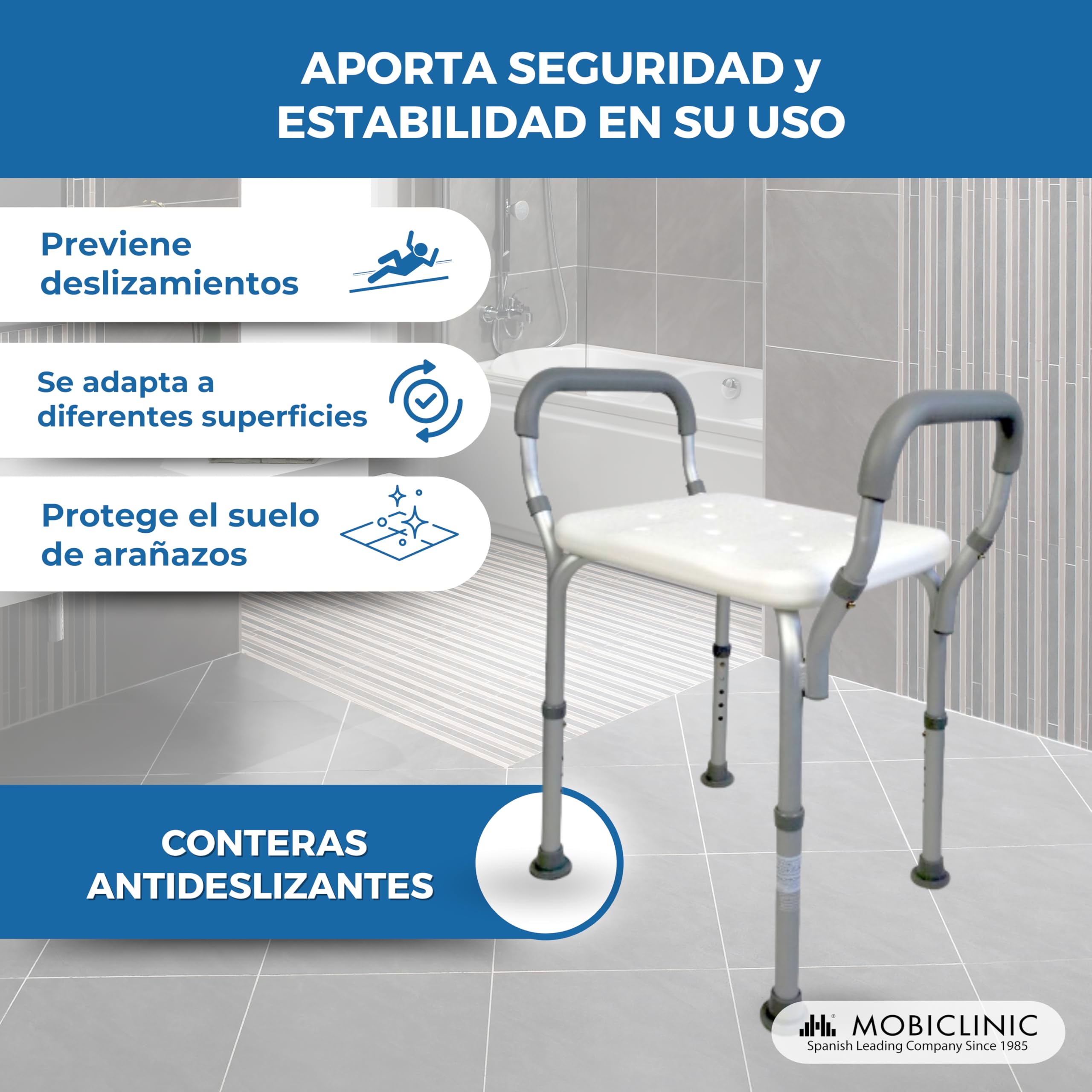Mobiclinic®, Silla Ducha, Altura Regulable, Acueducto, Taburete Baño, Conteras Antideslizantes, con Reposabrazos, MAX. 100 kg, Aluminio, Blanco