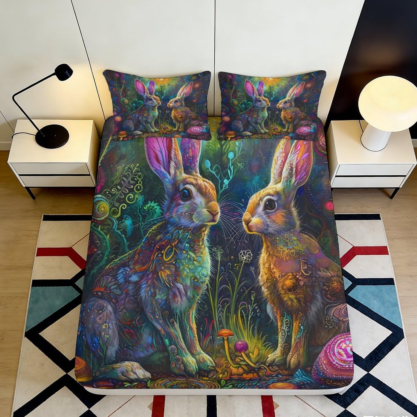 Pnayamiorkfel Style-7 3D Printed Fantasy Rabbit Fitted Sheet Microfiber Soft Decorative Woodland Bed Cover For Bedroom Dorm Guest Room 90X200x25cm