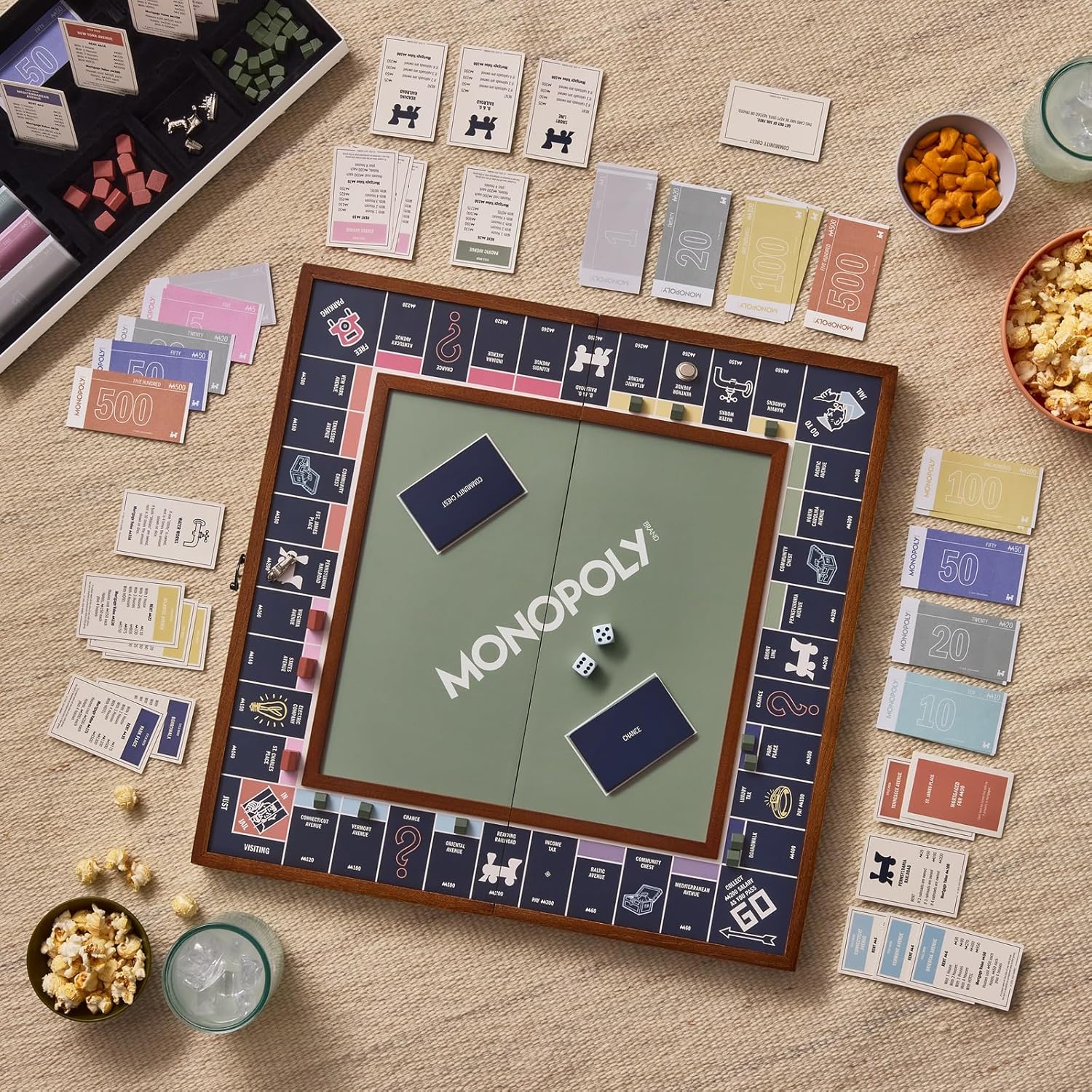 WS Game Company Monopoly Grand Folding Edition – Elegant Wood-Framed Board, Die-Cast Tokens, Wooden Hotels, and Organized Storage – Premium Family Game Night Set