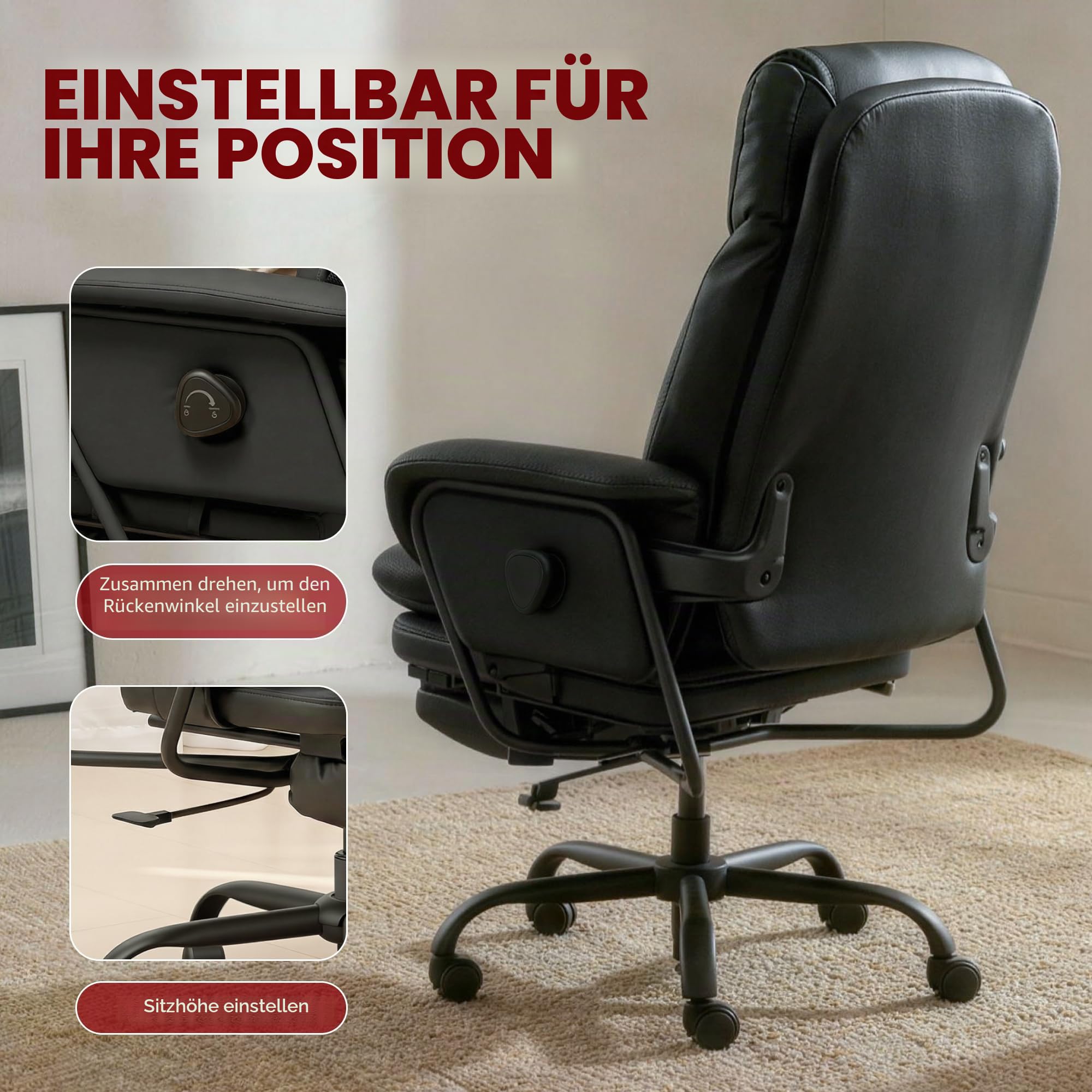 SANODESK Ergonomischer Bürostuhl Chefsessel mit 160° Liegefunktion, Gaming- & Relaxsessel aus PU-Leder mit Fußstütze, höhenverstellbar, belastbar bis 135 KG (Schwarz)