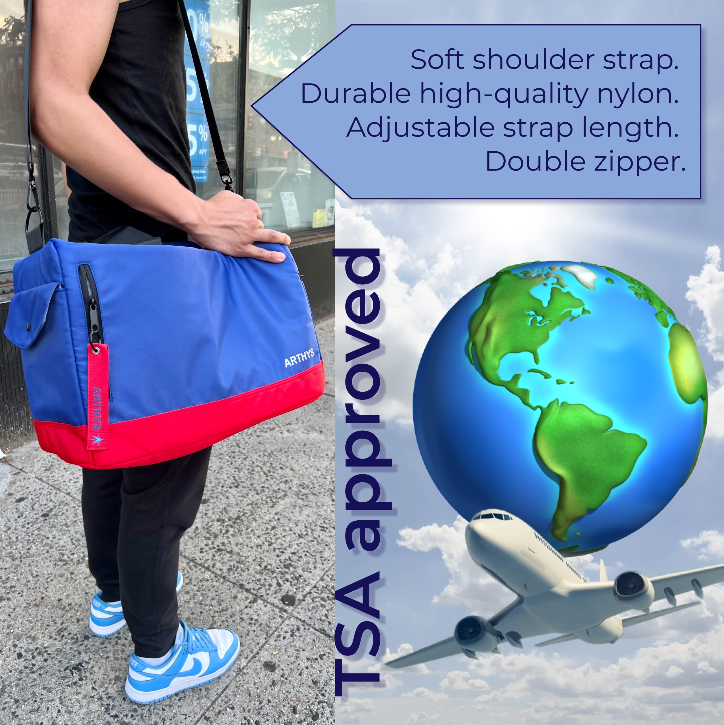 Borsone da viaggio con 3 scomparti regolabili per scarpe da ginnastica, allenamento sportivo e weekender, TSA, da uomo, Blu-Rosso, Medium