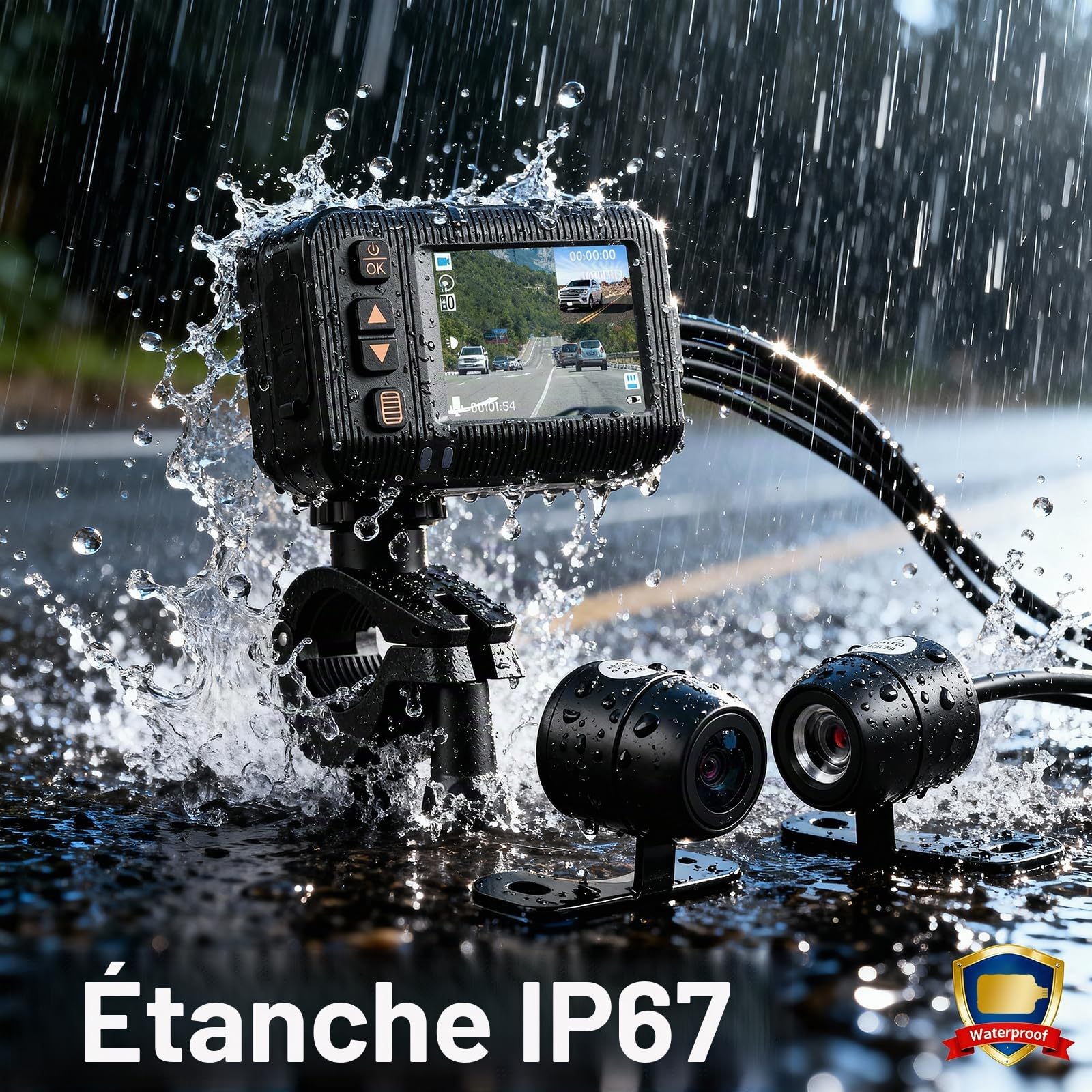 CAMECHO Dashcam Caméra Embarquée pour Moto Écran 2 Pouces, Double Objectif 1080P à l'avant 120° et 720P à l'arrière 90°, étanche IP67, Caméra pour Moto avec HDR, Capteur G, Enregistrement en Boucle