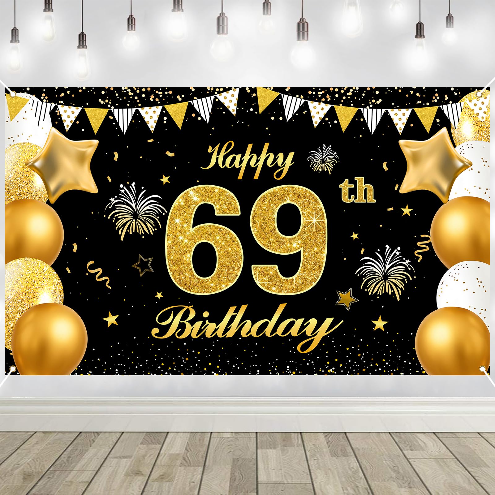 69th Birthday Decorations Banner Gold Black Happy Birthday Door Banner for Party Photo Backdrop for Men Women Home Outdoor Cover Party Decoration Supplies Poster