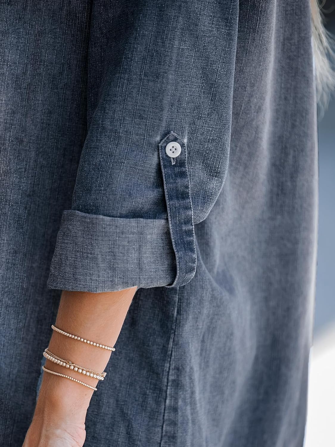 CUPSHE Women Fall Denim Shirt Dresses Cotton Long Sleeve V Neck Distressed Roll Tab Jean Mini Dress - Image 4