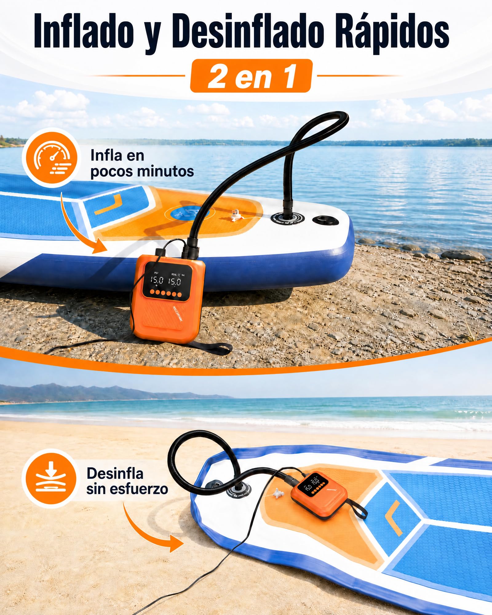 Bomba Eléctrica Sup 20 PSI, Inflador Paddle Surf Electrico | Parada Automática, Doble Pantalla Digital, Inflado/Desinflado, 7 Boquillas para Tablas de Sup Kayak Colchón Tienda Inflable