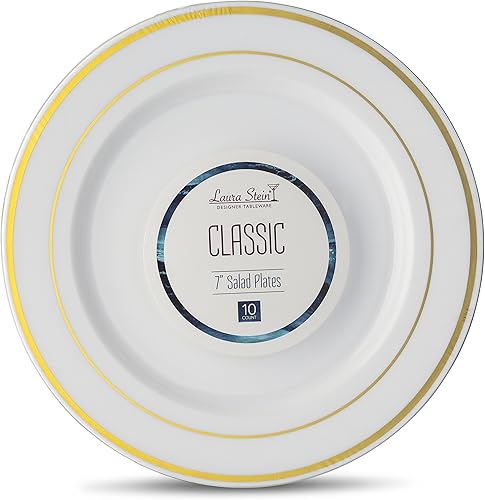 Laura Stein - 40 platos de 7 pulgadas - Vajilla de diseñador para ensalada blanca de plástico pesado de alta calidad, platos de aperitivo con borde disponible en Yaxa Peru