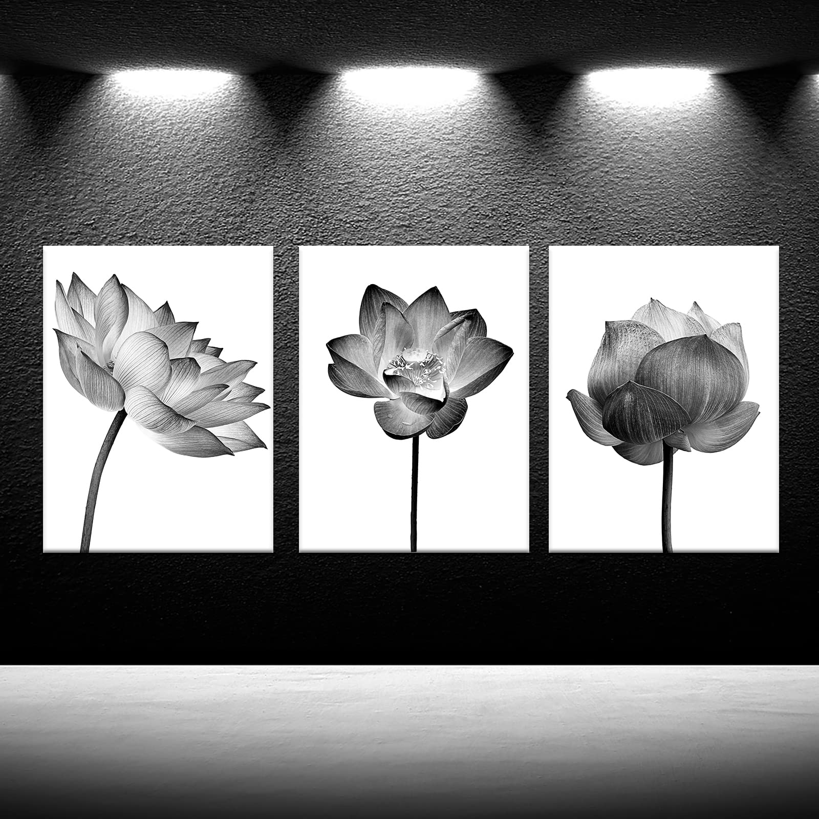 iLOOKLiKE Lotus Pictures Wall Decor Black and White Flower Wall Art Prints Elegant Floral Photo Artwork Grey Water Lily Painting Stretched and Framed for Living Room Bedroom 12x16inchx3pcs