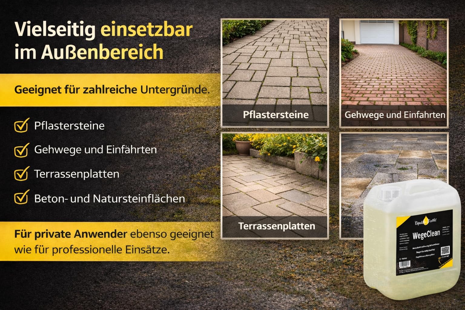 Liquid Outlet Wege Clean Steinreiniger 2x 10L – Biologischer Grünbelagentferner für Pflastersteine, Kies & Beton – Steinreiniger intensiv außen, Flechtenentferner, Terassenreiniger Außenbereich