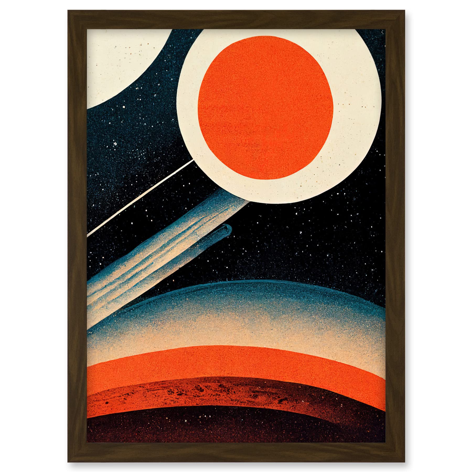 Wee Blue Coo Retro Boho Space Starscape Abstract Mid Century Style Navy Teal Orange Cream Artwork Framed A3 Wall Art Print