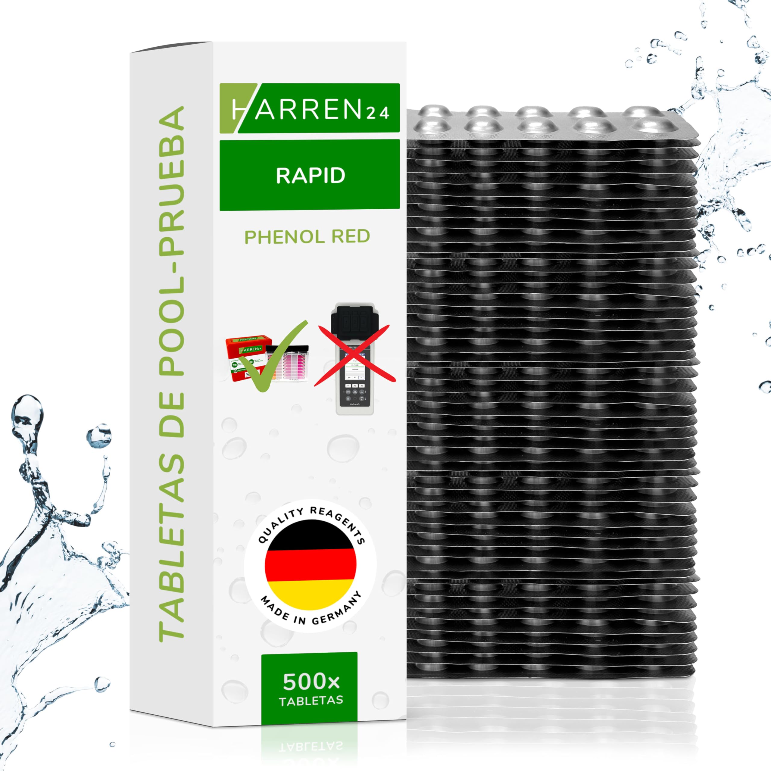 Pastillas de prueba (Rapid) DPD 1 Cloro, DPD4 Oxígeno Activo, Alcalinidad M, CYA, Rojo Fenol Valor en pH Comprobador de agua de piscina 50, 100, 250, 500x (Rojo Fenol / 500 Pastillas)