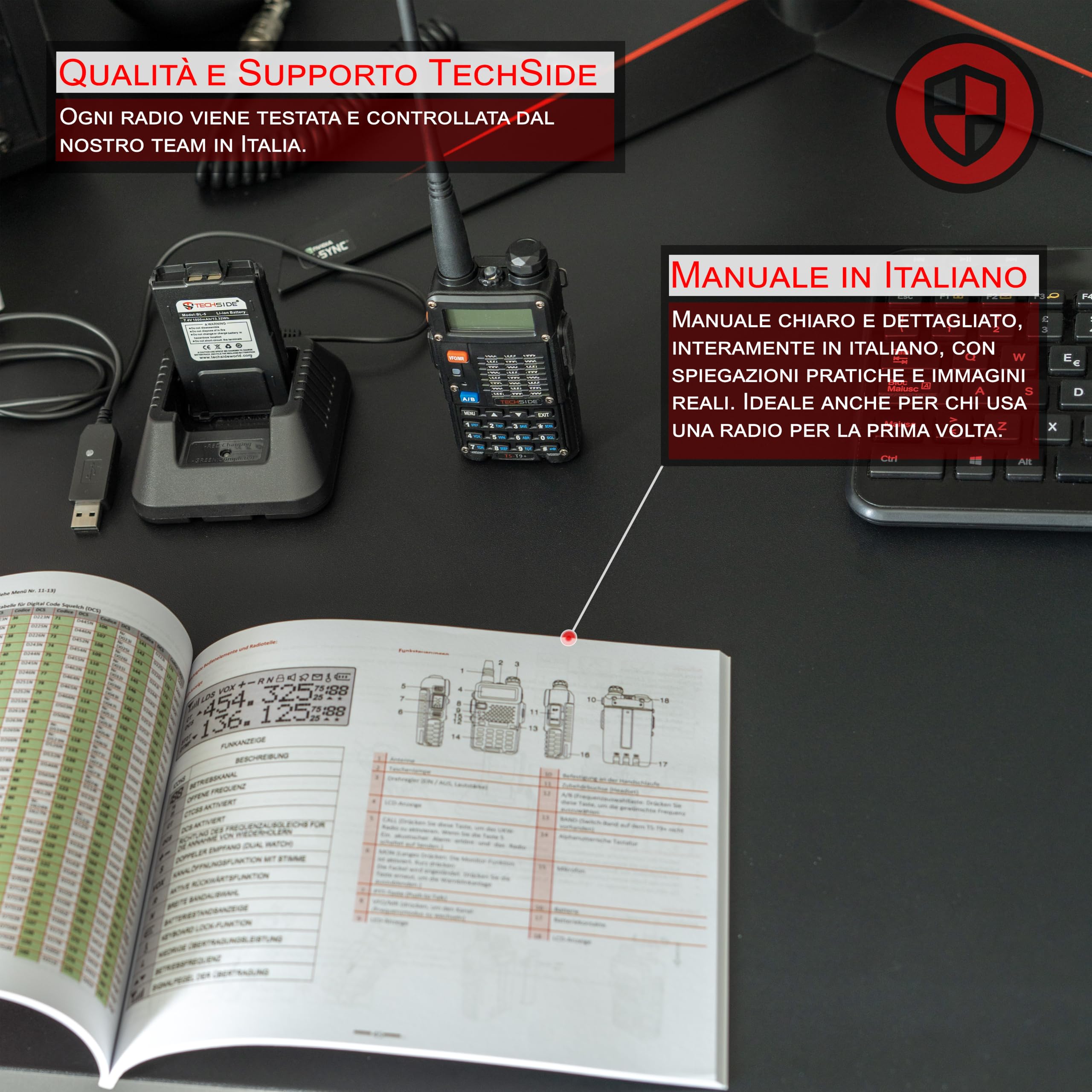 TechSide Walkie Talkie 8W | TS-T9+ Radio Ricetrasmittente Dual Band VHF UHF Tri-Power | Firmware Italiano | Batteria 1800mAh con Ricarica USB-C | 128 Canali, PMR446 VOX | Qualità e Assistenza Italiana