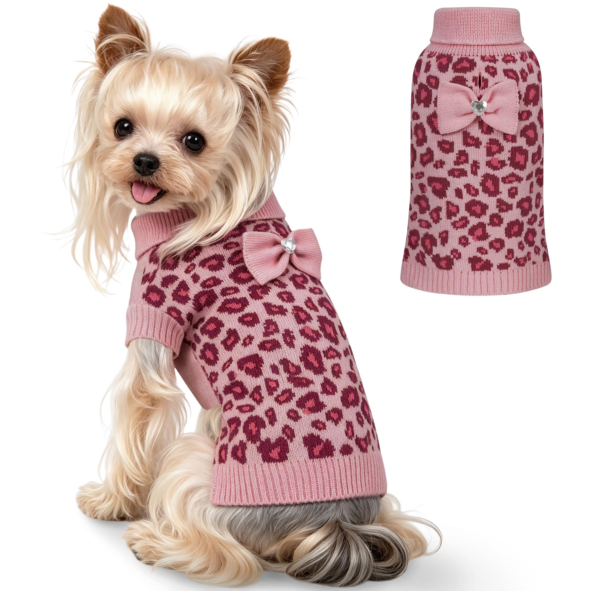 WOYYHO Hundepullover für kleine Hunde und Mädchen mit Fliege, Rollkragen, Leopardenmuster, Hundepullover mit Loch für die Leine, warm, gestrickt, Welpenpullover, Haustier, Hunde, Winterkleidung für