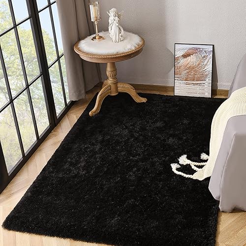 Miniatura 5 de Kimicole - Alfombra de área negra para dormitorio, sala de estar, decoración del hogar, 3 x 5 pulgadas, bonita alfombra esponjosa para apartamentos,