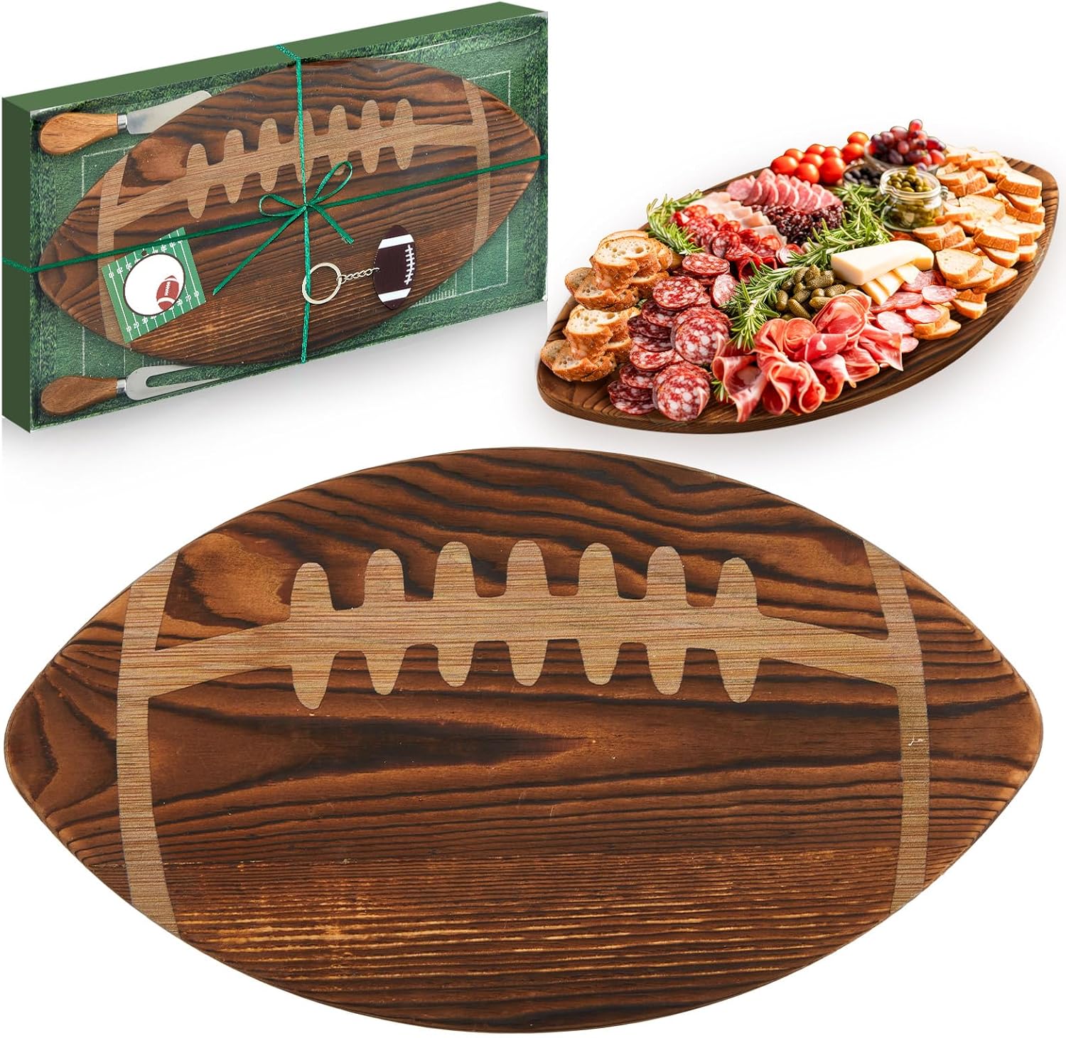 Ziliny Football Charcuterie Board Gift Set, Wood Color, 15x8.5in