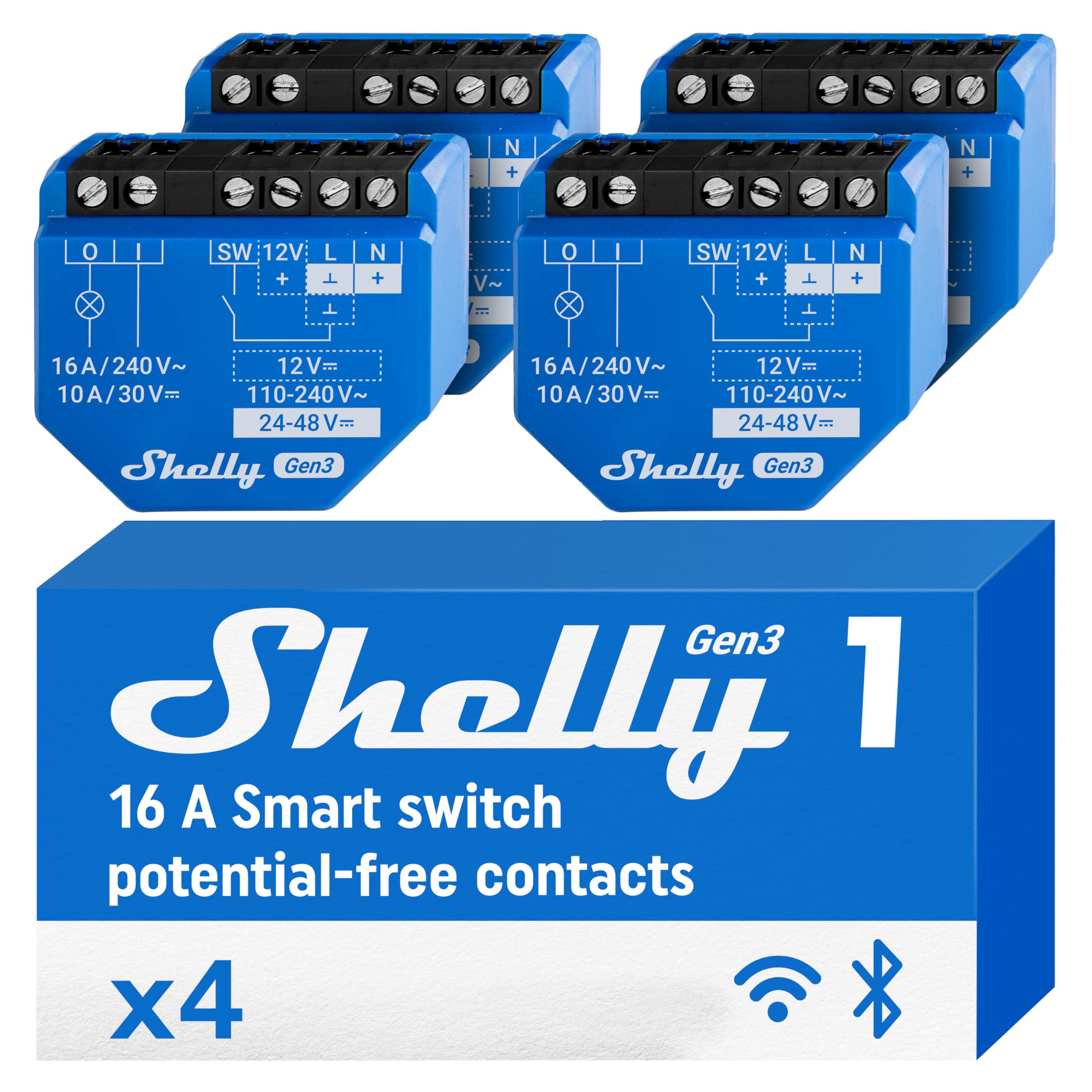 Shelly Shelly 1 Gen3 - Interrupteur connecté Wi-Fi à contacts secs, 1 canal - 16A, Commande puvre-porte de garage par app, Compatible avec Alexa et Google Home, Aucun Hub Requis, Puce Shelly 8MB - Lot de 4