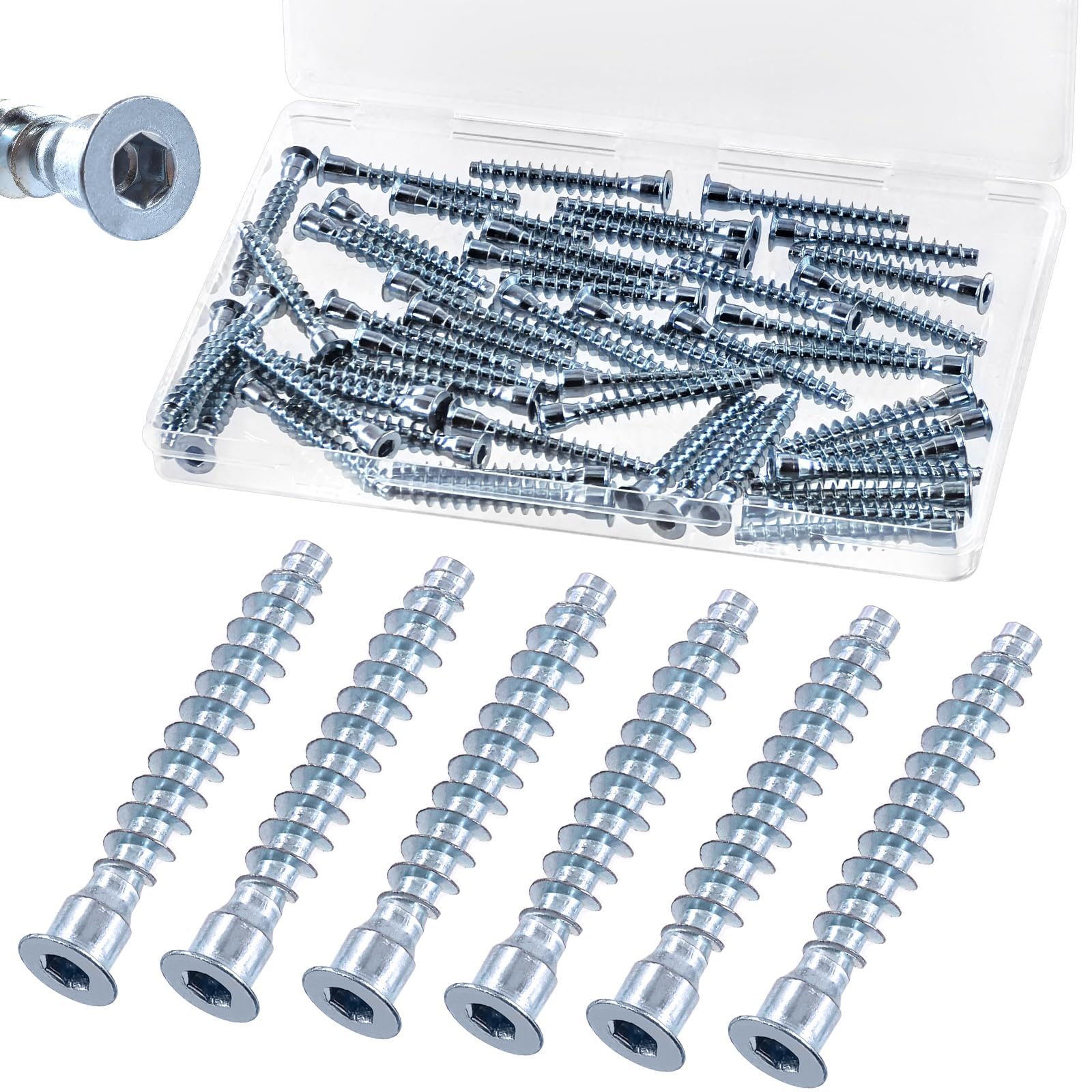 Keadic 50Pcs Confirmat Screws, Hex Socket Drive Countersunk Self-Tapping, Blue & White Zinc Plated Furniture Contecting Screw for Industrial and Scientific, M7 x 50mm