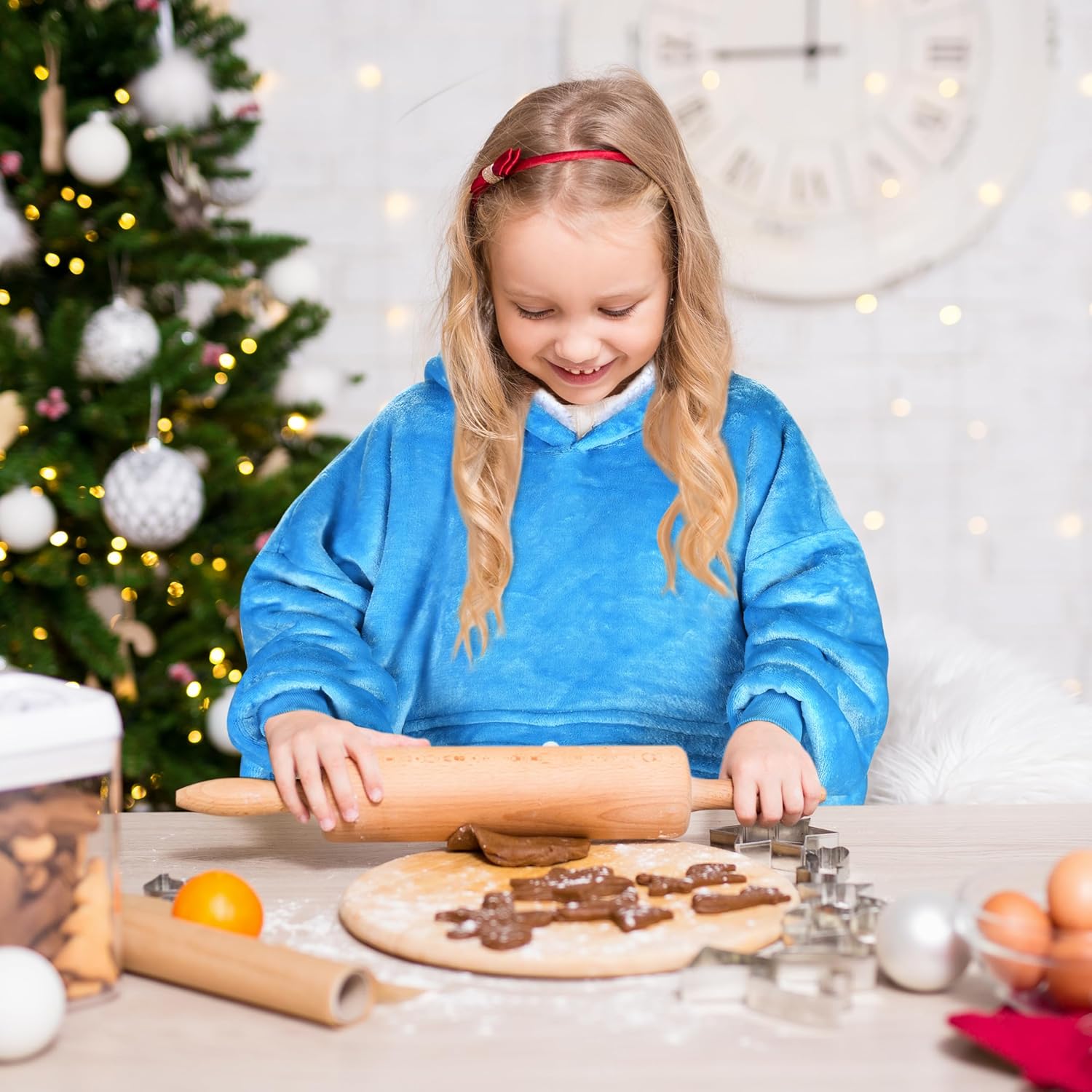 Solaris Wearable Blanket Hoodie for Kids - Warm Soft Gift, Oversized Cozy Sherpa Fleece Sweatshirt Pullover for Teens, Girls, Boys, Large Pocket, Light Blue - Image 4