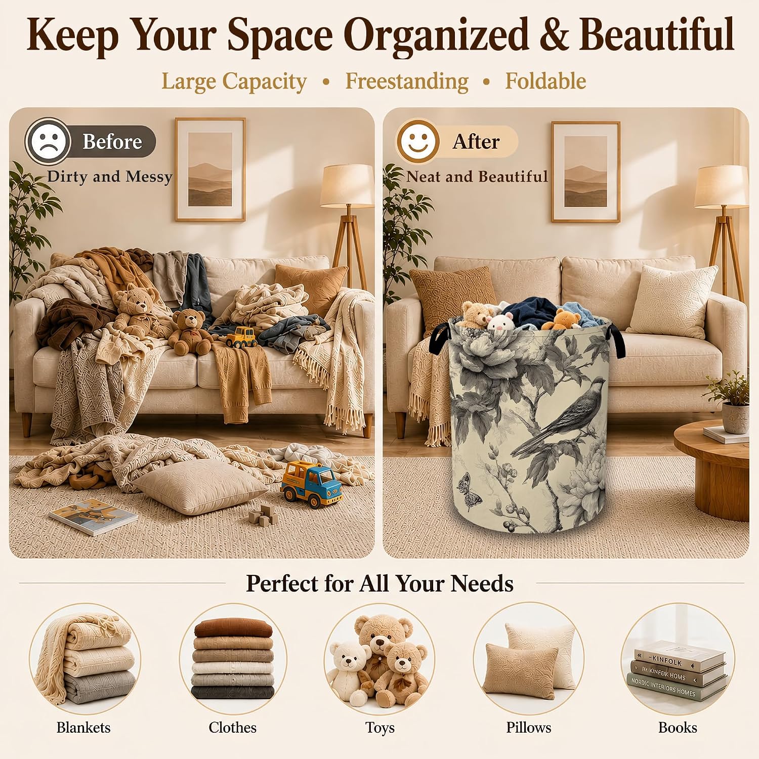 Black Bird Toile Floral Large Laundry Hamper, Collapsible Oxford Clothes Basket with Handles, Freestanding Dirty Clothes Organizer for Bedroom Bathroom Dorm Laundry Room, 16 x 20.8 Inch
