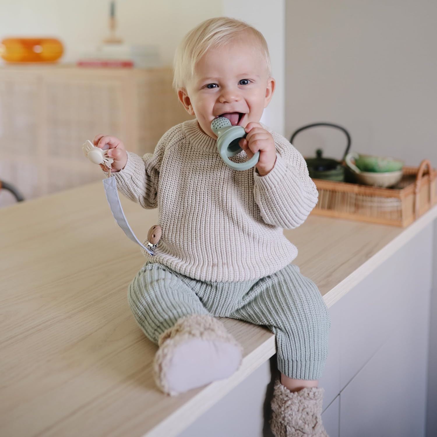 mushie Linen Baby Pacifier Clip Holder | Soft Fabric Strap, 2-Pack (Powder Blue/Deep Sea)