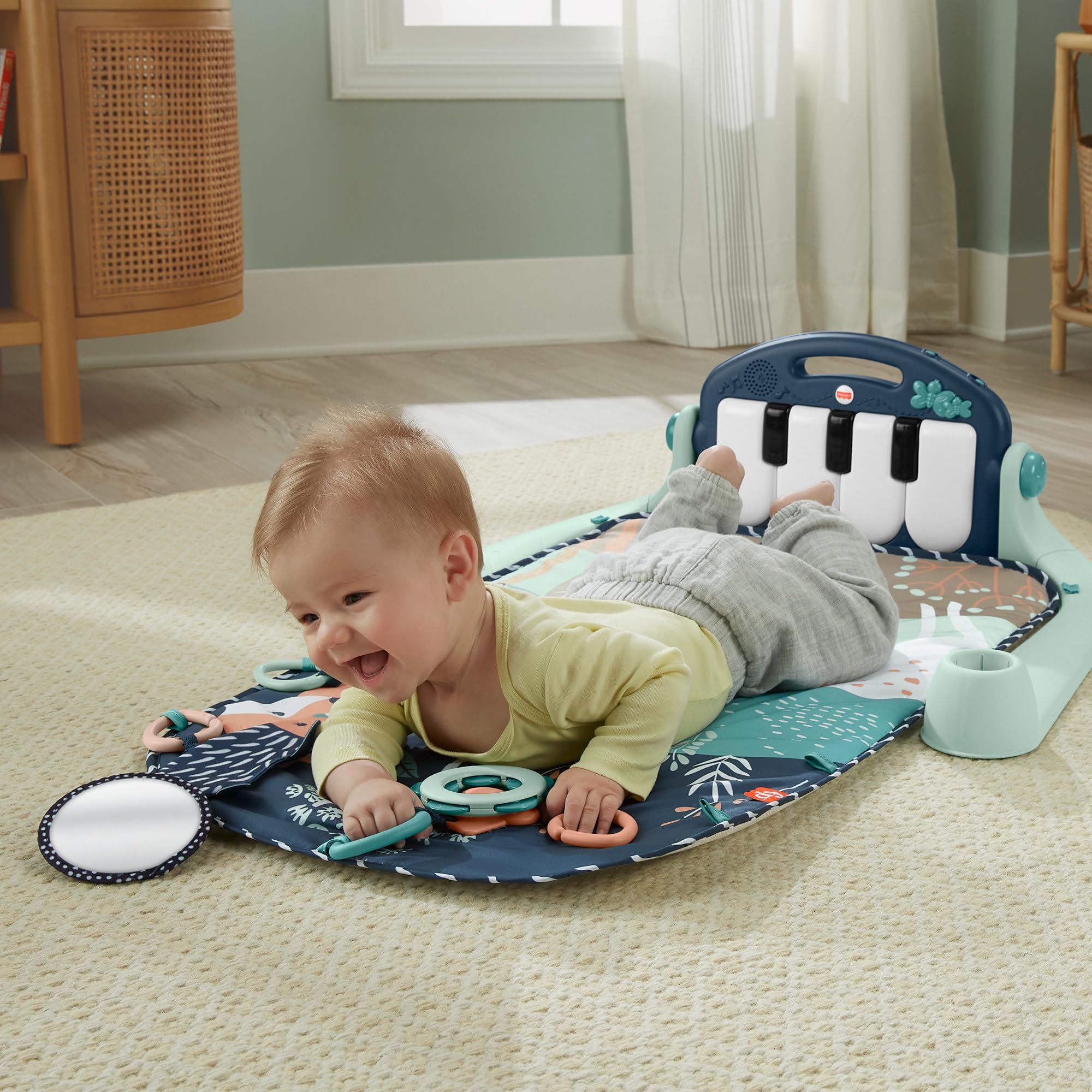 Fisher-Price - Palestrina Baby Piano Blu, Tappetino Pianoforte con 5 Giocattoli sensoriali posizionabili sull'arco per Il Gioco da sdraiati e specchietto Incluso, 0+ Mesi, JMN75