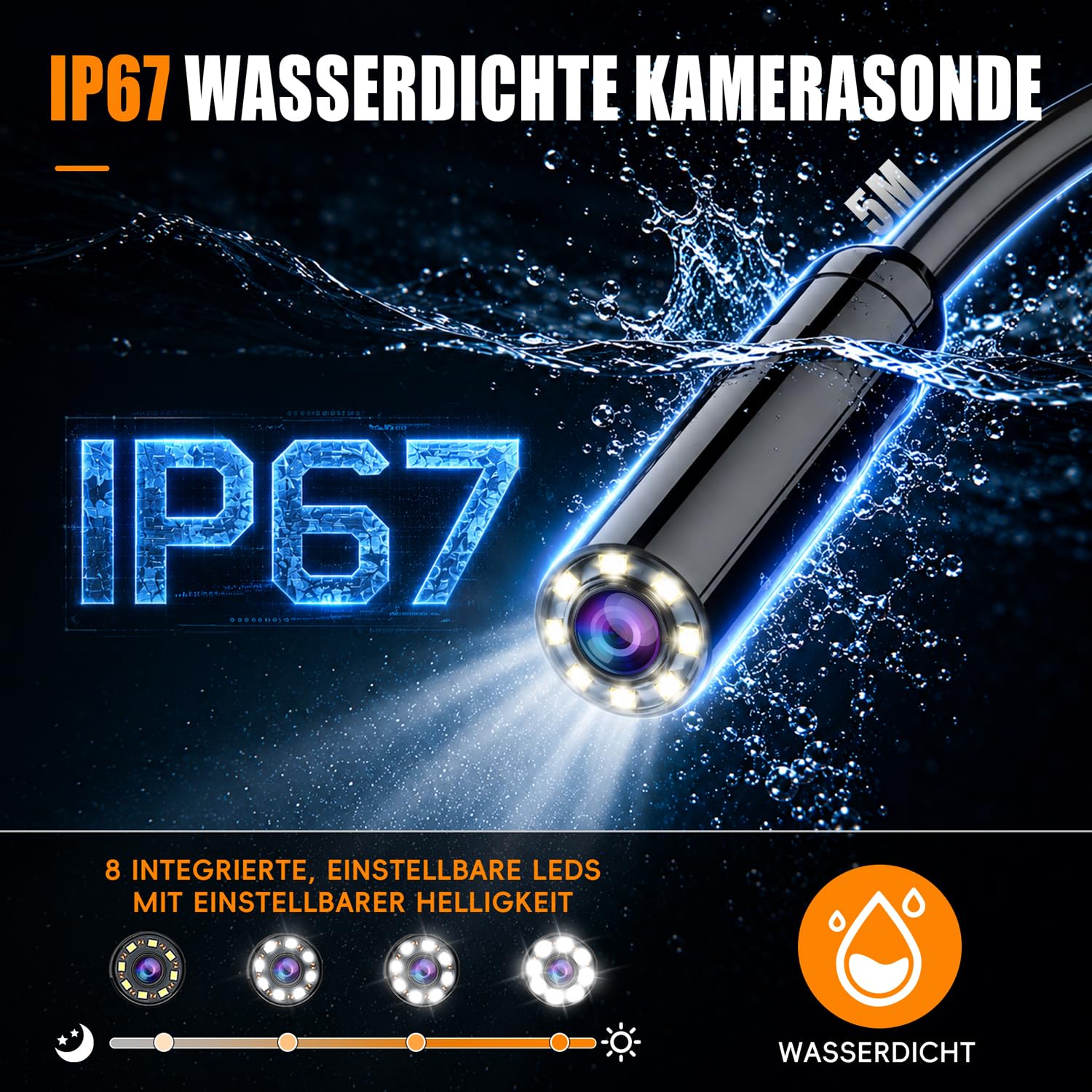 Endoskopkamera mit Licht, SKYBASIC Industrie Endoskop, 4.3-Zoll-IPS- Bildschirm Inspektionskamera,IP67 Wasserdichtes,1080P HD Rohrkamera mit 8 Einstellbaren LEDs -16.5FT/5M Halbstarres Kabel