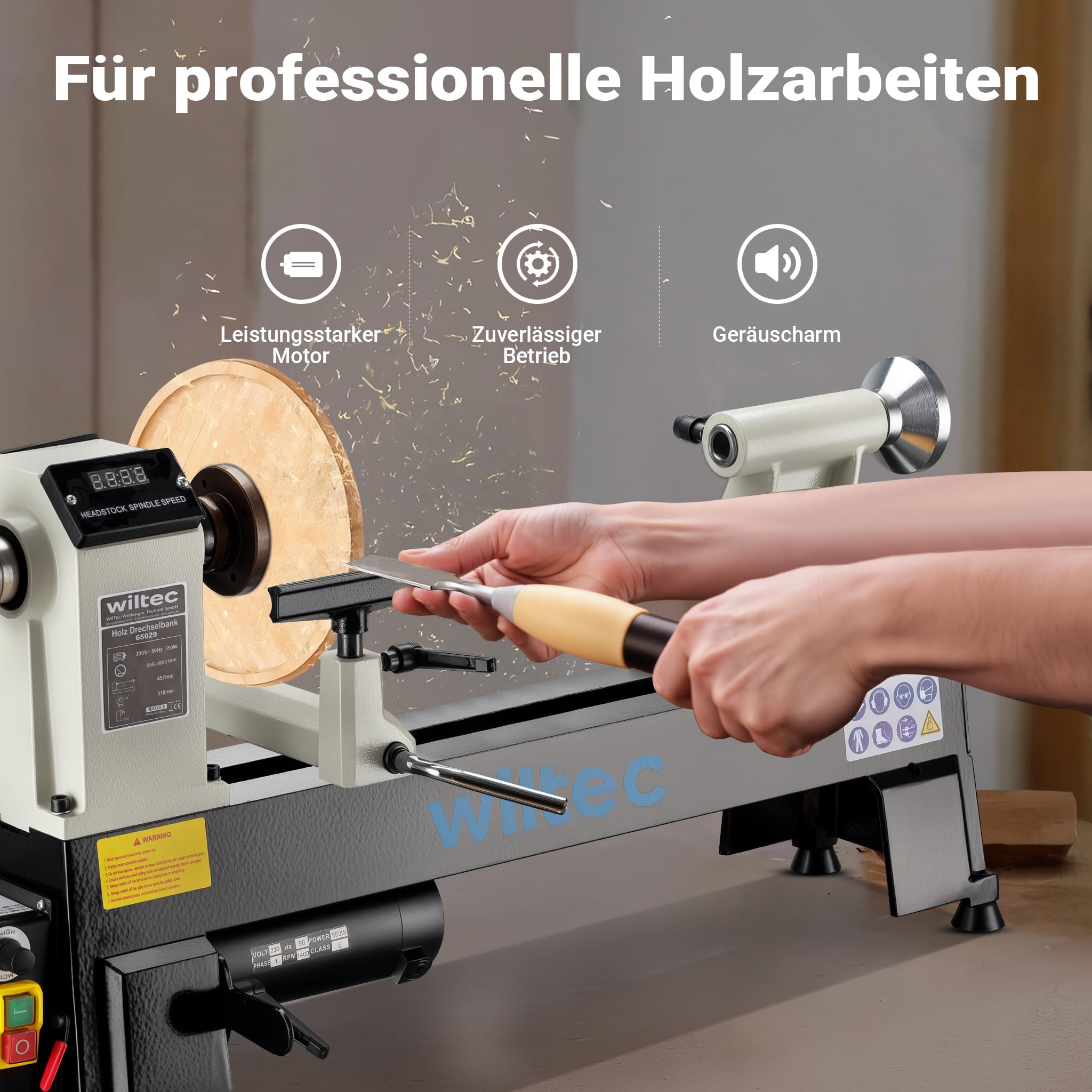 Wiltec Drechselbank 550 W mit variabler Drehzahl 650-3800 U/min, Drechselmaschine mit Planscheibe, Drehbank für Holz bis 457 mm Länge