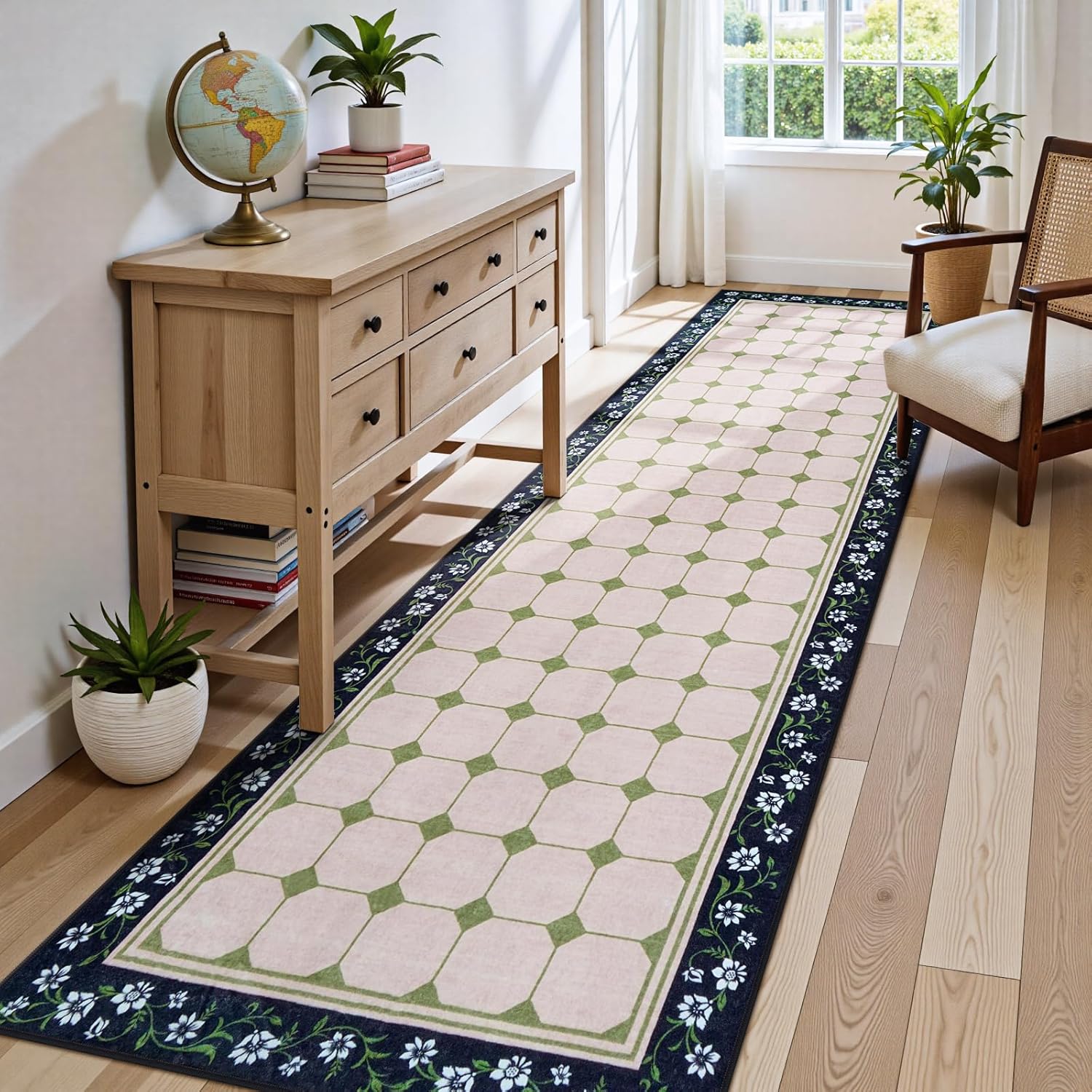 Anidaroel 3x10 Hallway Runner Rug Non-Slip Washable Kitchen Runner with Rubber Backing, Low Pile Ultra Thin Floral Floor Carpet Soft Stain Resistant Carpet Runner for Laundry Room Farmhouse, Green