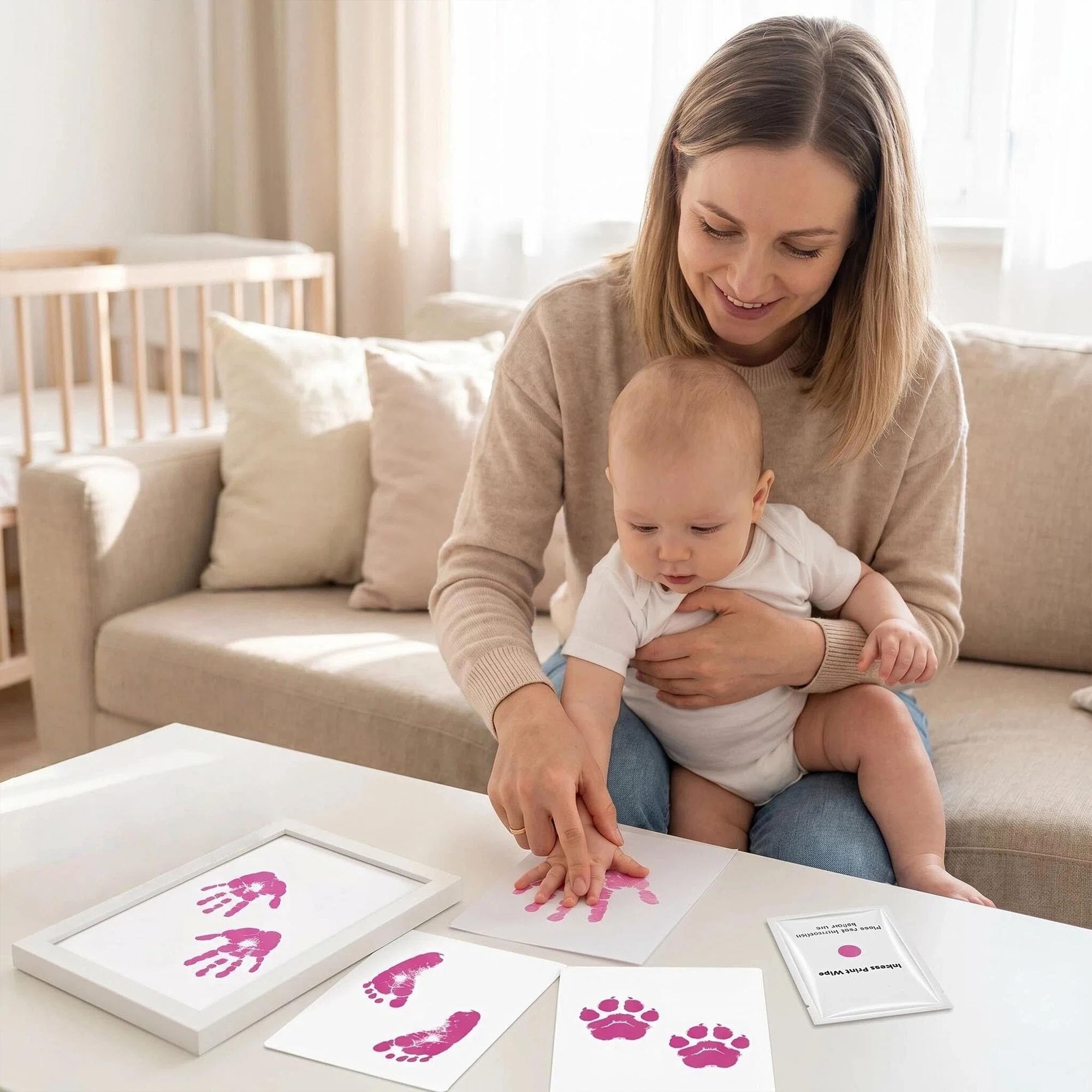 Kit Empreinte Bébé Pieds et Mains Clean Touch Encreur Sans Kits Nouveau-Nés avec 1 Cadre Photo Rose