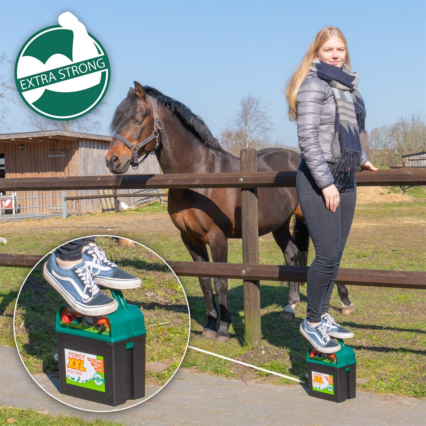 Elettrificatore B 12.000, Elettrificatore da 9 V /12 V, Set inclusivo di Cartello di Pericolo Internazionale, per recinzioni per Cavalli, Pony, Piccoli Animali, Pecore e pollame