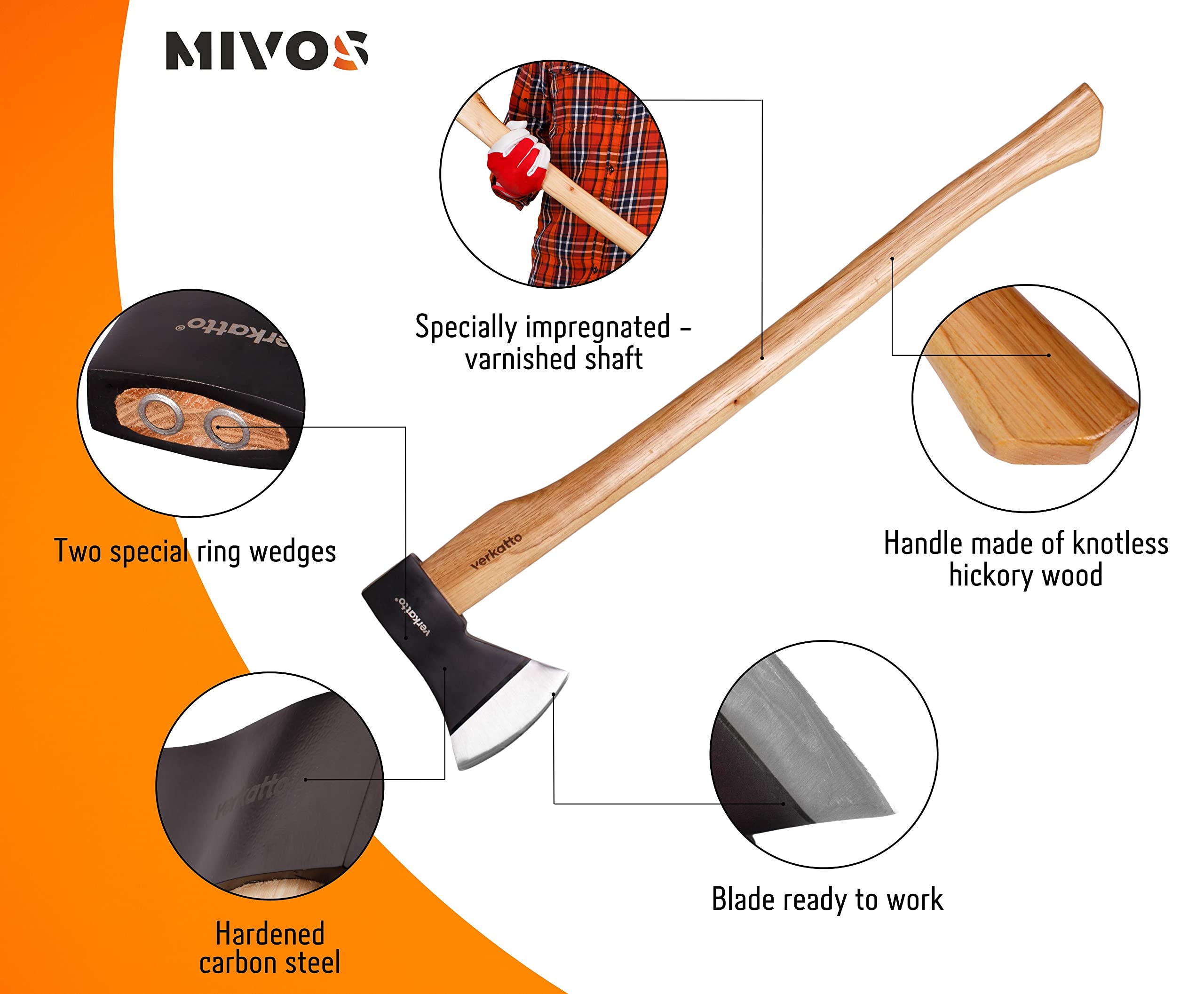 Mivos Hacha Forestal 1600 g Con Mango de Madera de Hickory y Cabeza de Acero Al Carbono - 83 cm - Para Cortar, Rajar, Partir y Procesar Madera en Jardín y Bosque