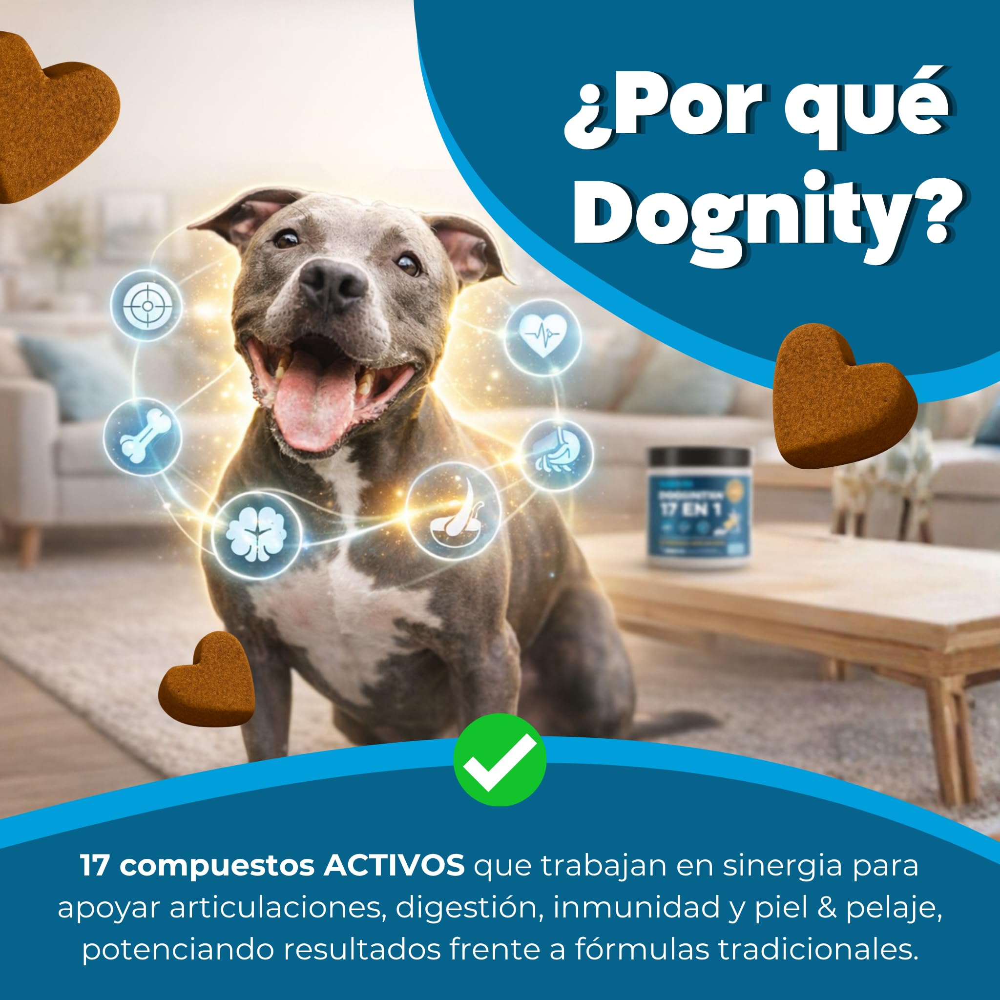 Multivitamínico 17 en 1 Perros 120 Bocados Glucosamina Probióticos 360g | Suplemento completo para perros 17 nutrientes un solo bocado textura blanda con toma diaria con glucosamina y colágeno.