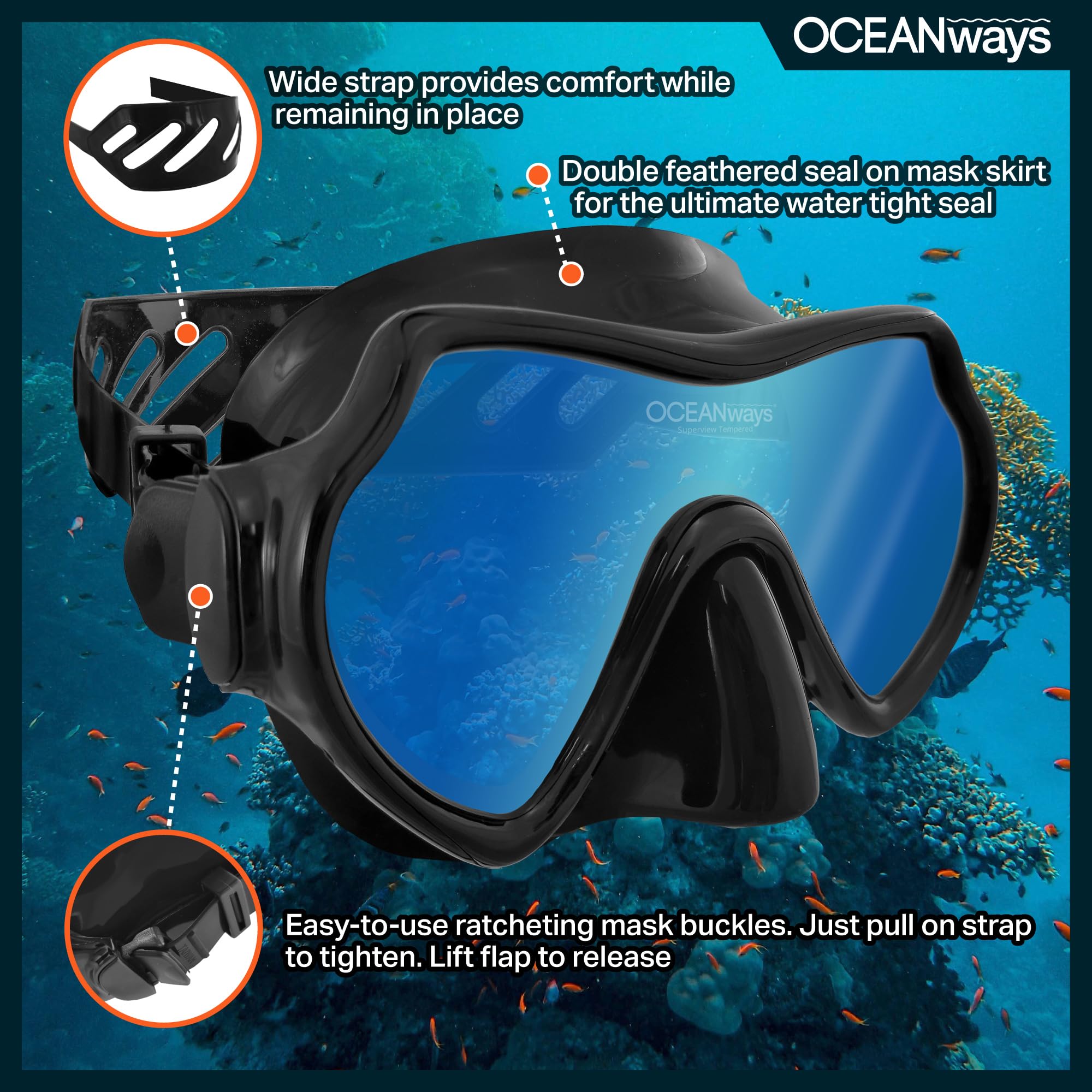 Oceanways Superview-SL TrueColor w/Anti-Fog Scuba/Spearfishing Dive Mask (OM836BKSFF)