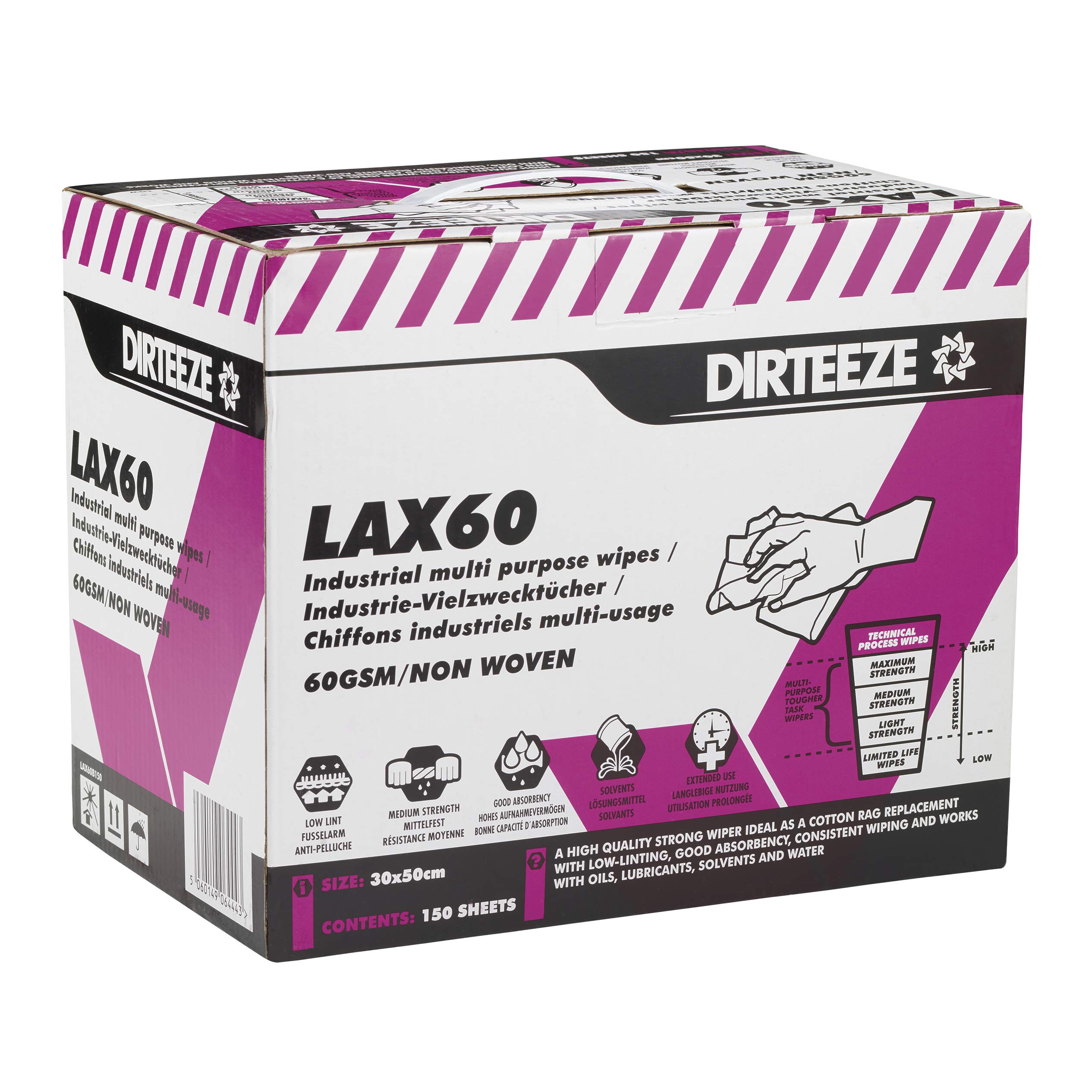 DirteezeLAX60B150 Industrial Multi Purpose, Low Lint Wipes, White, 150 sheets per box