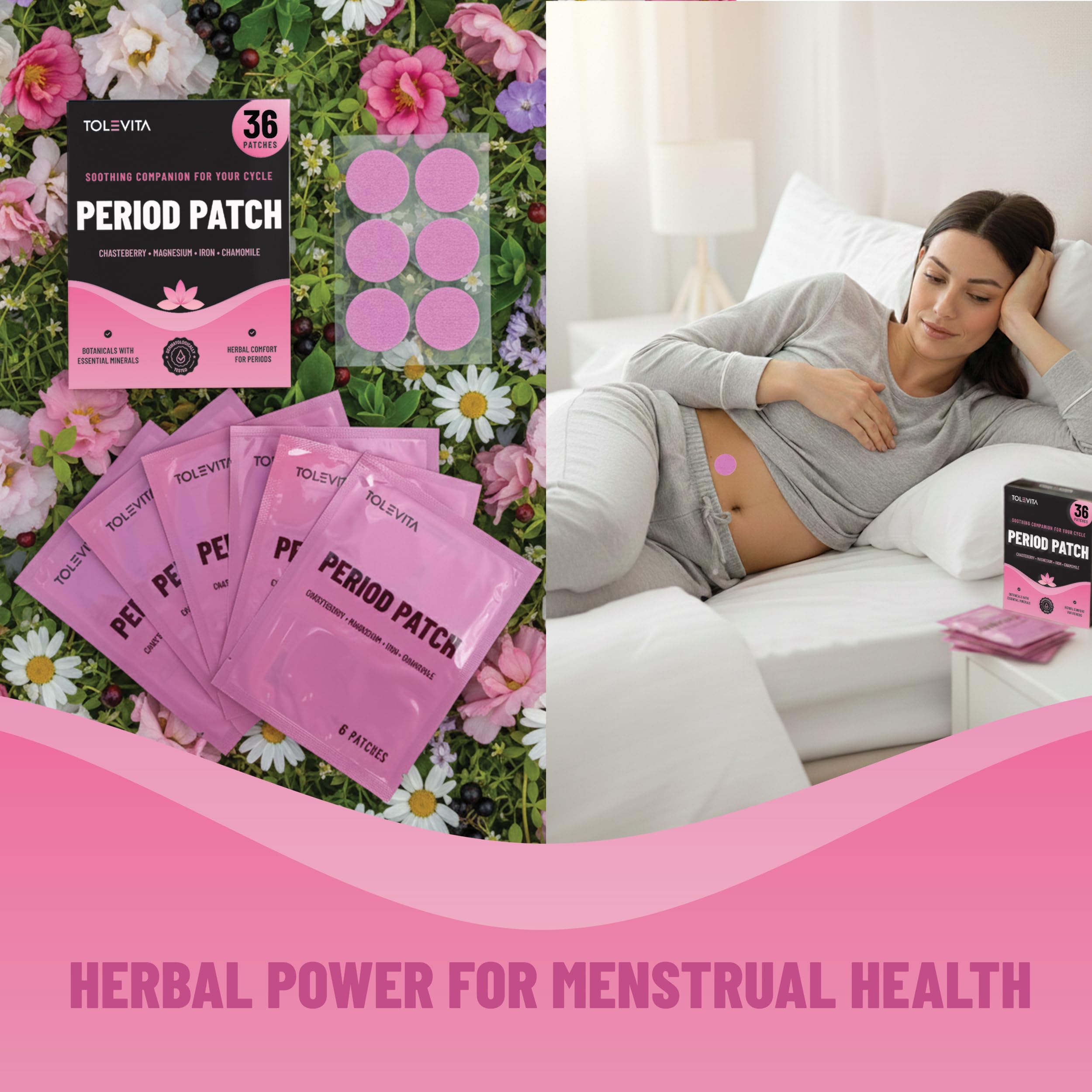 TOLEVITA Period Relief Patches 36 Pcs – Herbal Cramp Support with Chasteberry, Magnesium, Evening Primrose, Dong Quai, Curcumin, Vitamins B6 & E, Iron, Chamomile – Hormonal Balance & Menstrual Comfort — Amazon image 6