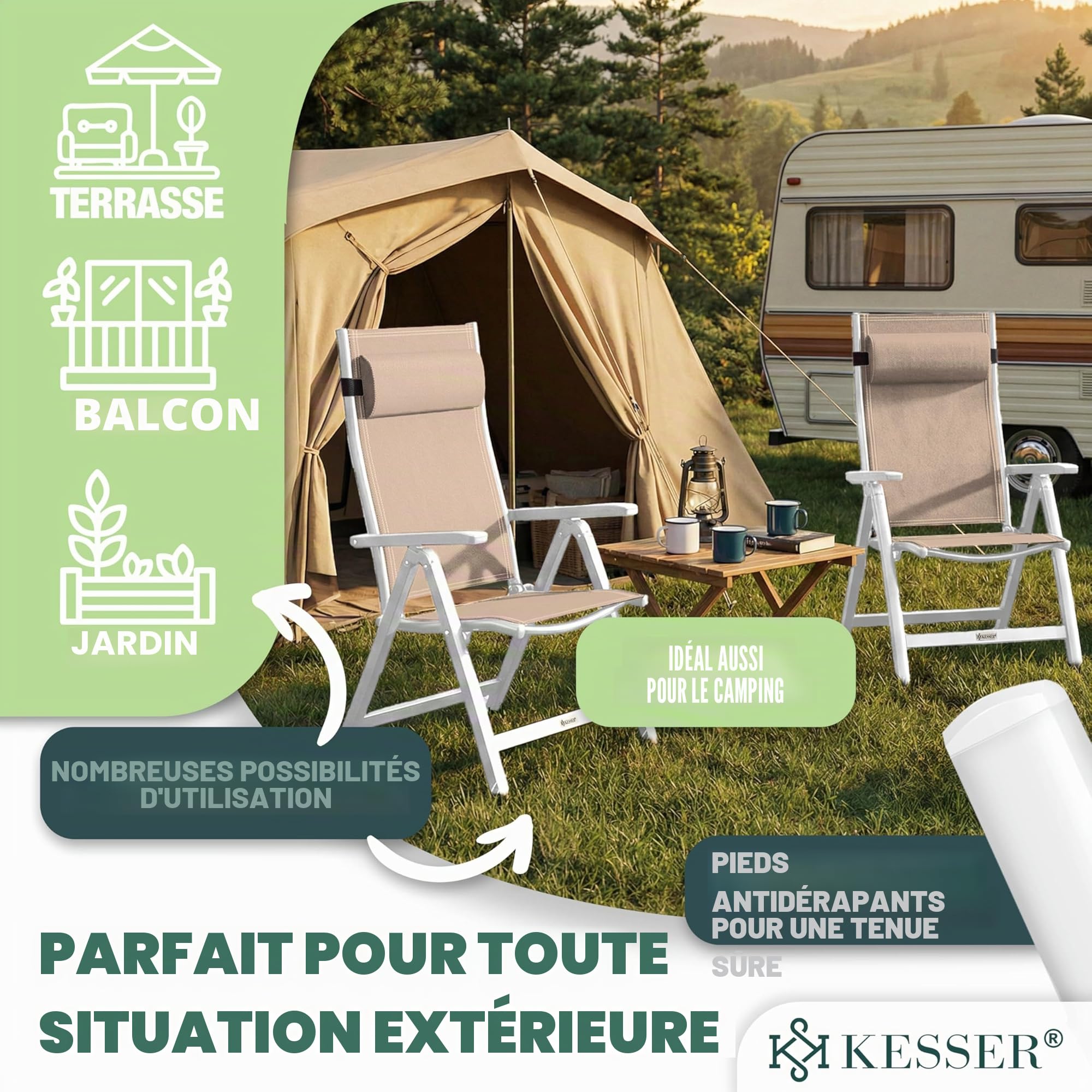 KESSER® Chaise de Jardin à Dossier Haut avec accoudoirs | Lot de 2 | en Aluminium avec Coussin et Housse | avec Dossier réglable en 7 Positions | Respirante, Pliable, Antidérapante | Taupe