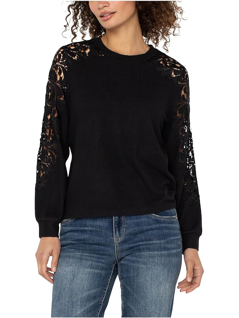 Black Liverpool Los Angeles Long Sleeve Crew Neck Lace Inset Knit Top