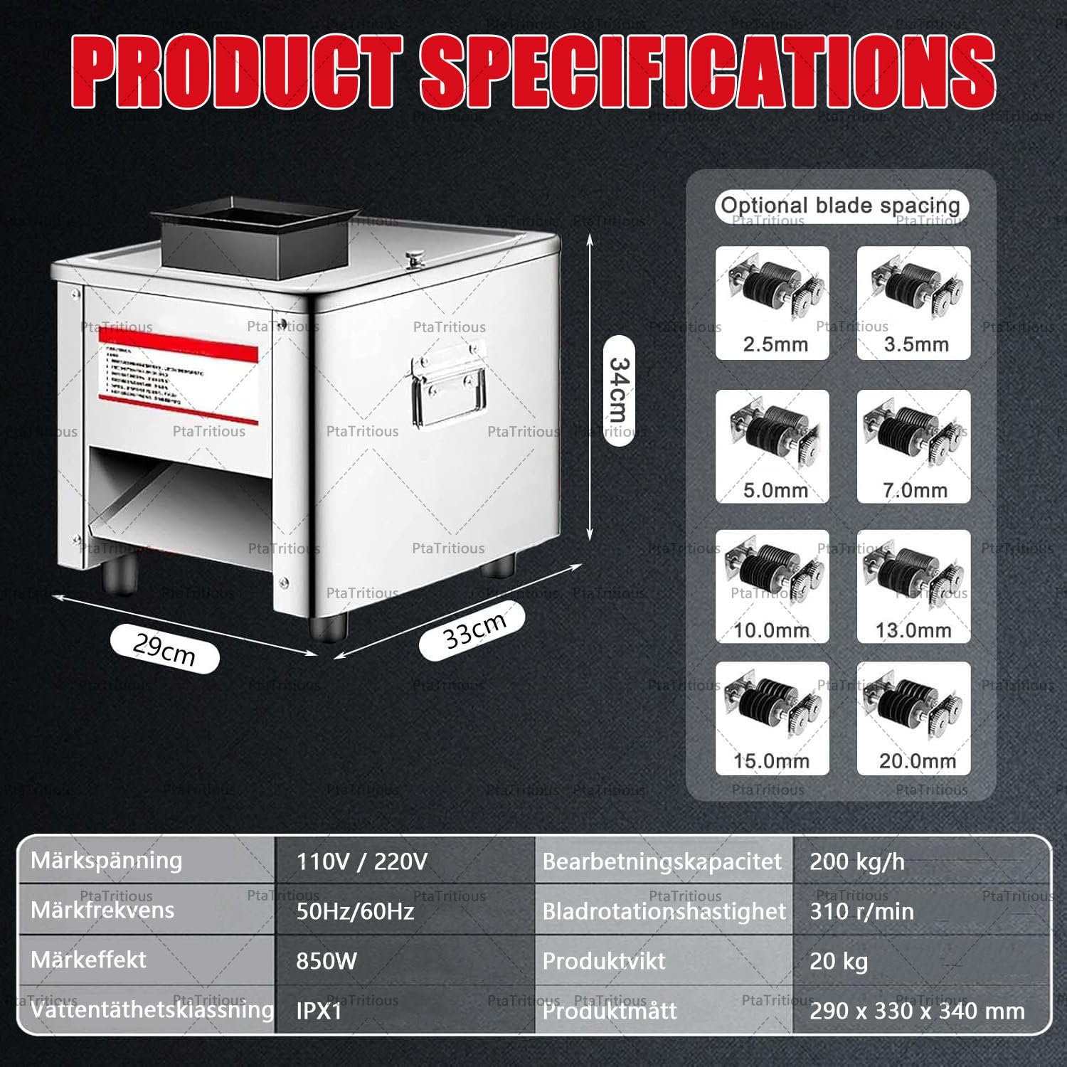 Macchina Professionale per Taglio Carne a cubetti da 850W – Automatica – per fette, Strisce e cubetti – capacità 200 kg/h (440 lb/h) – Affettatrice elettrica con Vassoio 5.0mm