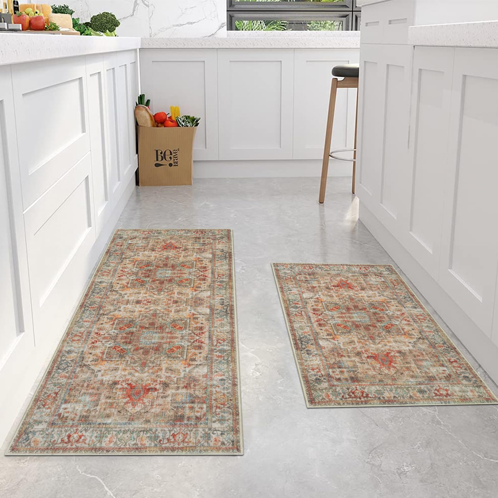 Cekene Vintage Carpet Runners Non Slip Washable Kitchen Rug Runners Absorbent Boho Low Pile Floor Mat for Kitchen Bedroom Entrance Laundry Room(Brown,50x80cm+50x120cm)