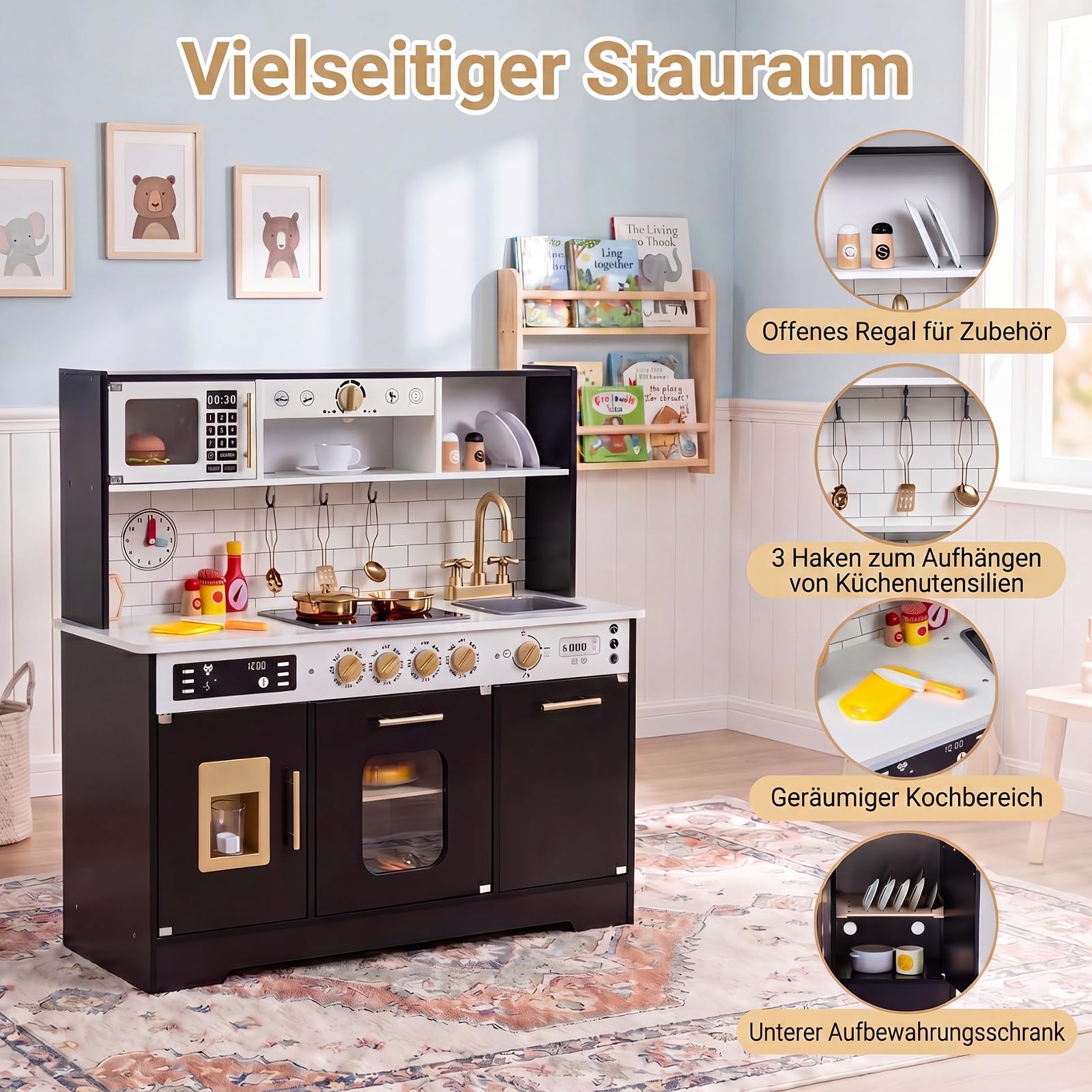 DREAMADE Kinderküche Holz, Spielküche mit Licht & Sound (Schwarz) | Kinder Küche mit Mikrowelle, Backoffen, Kaffeemaschine, Eiswürfelmaschine & Spülmaschine, Puppenküche für Kinder ab 3 Jahren