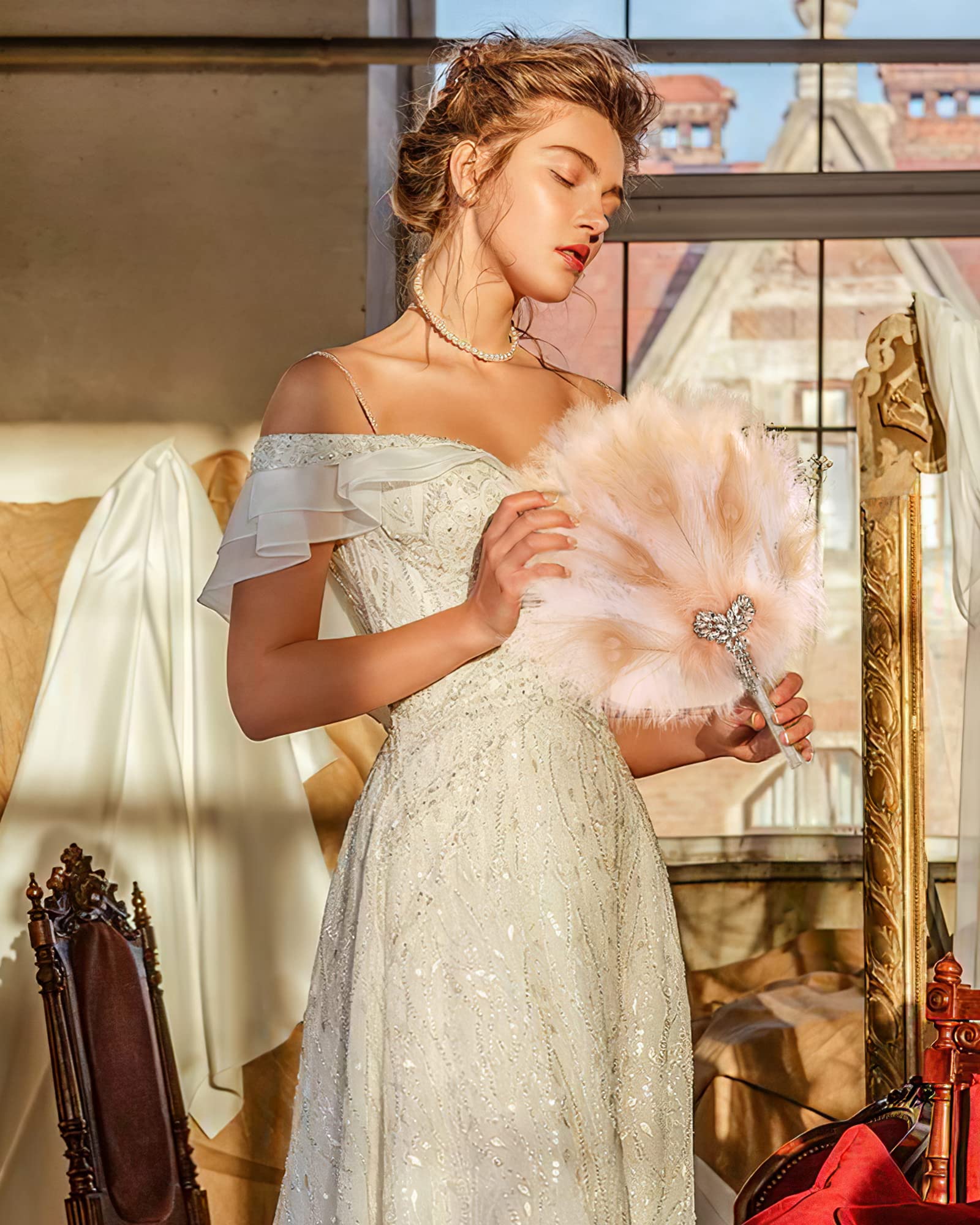 CRASHOT 1920s Crystal Jewelry Feather Bouquet-Ostrich Feather Fan Bridal Wedding Accessories(White)